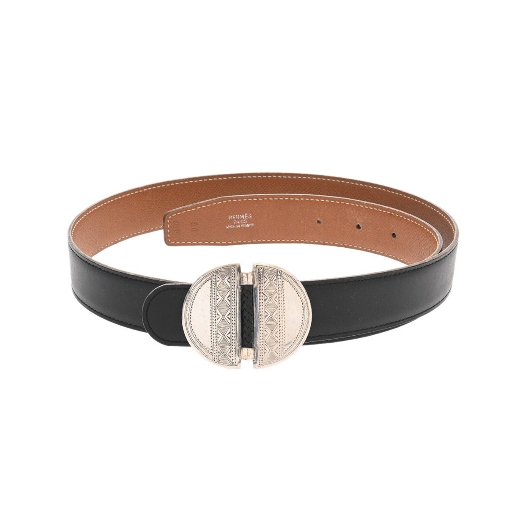 HERMES Touareg Buckle, Size 85, Black/Gold, A Stamp (circa 1997), Box Calf Scarf, Kushvel Belt, B-Rank, Pre-Owned, Ginzo