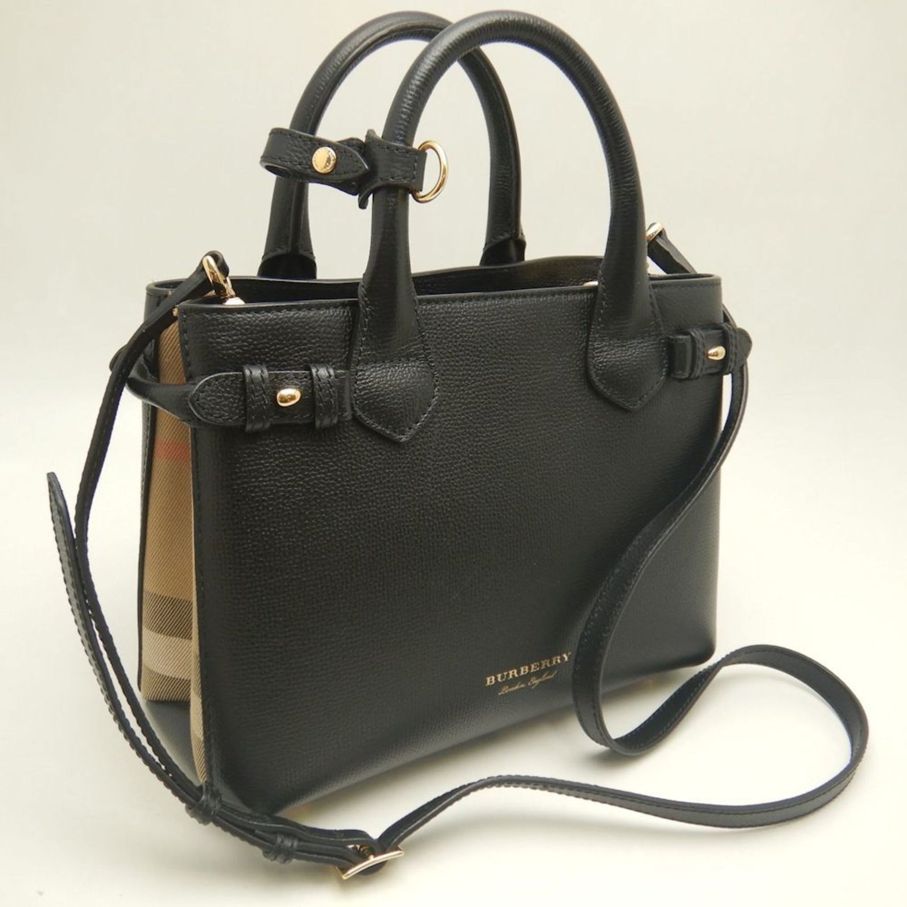 BURBERRY Small Banner Nova Check Handbag Leather and Canvas Black/Brown