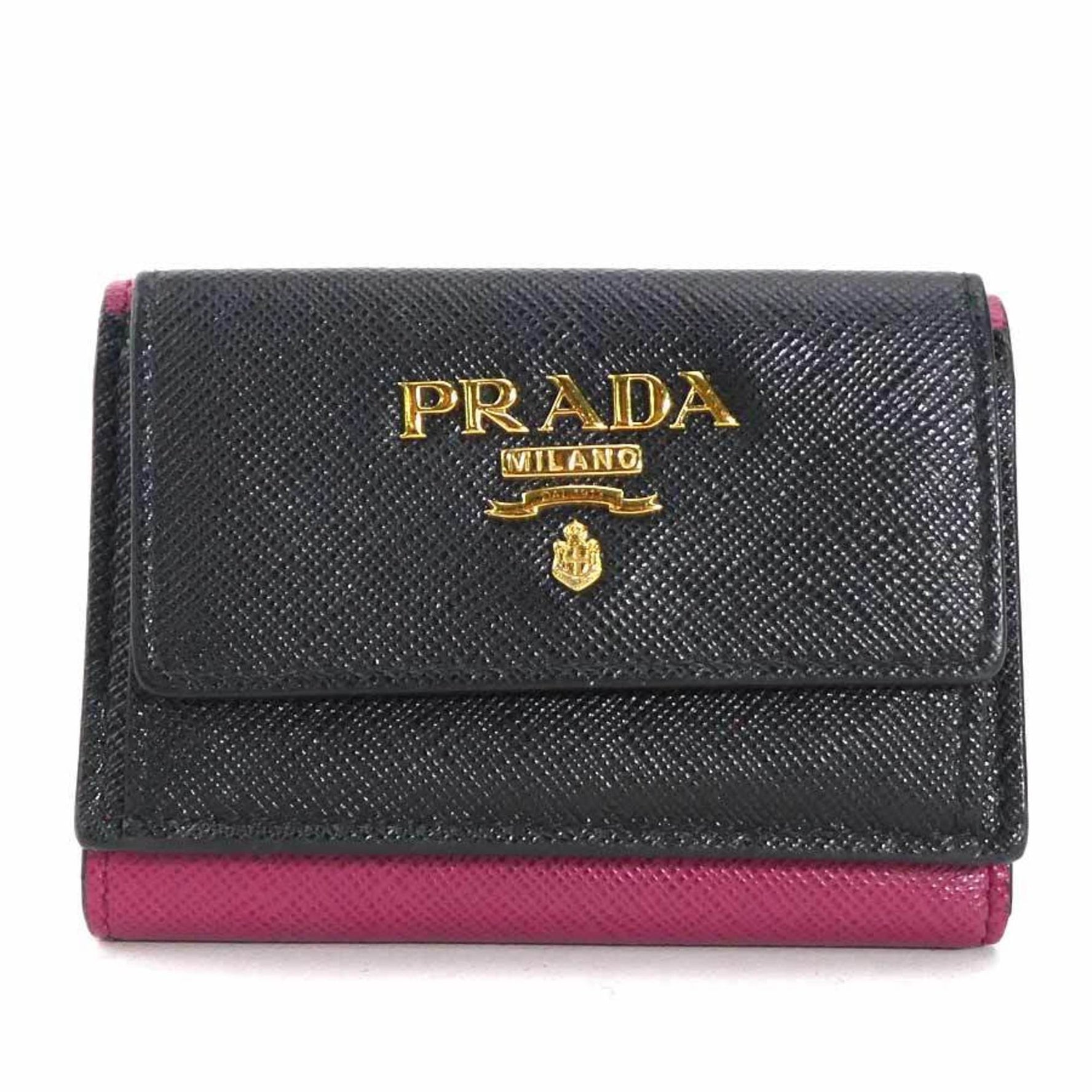 PRADA Tri-fold wallet Leather Black x Wine Red