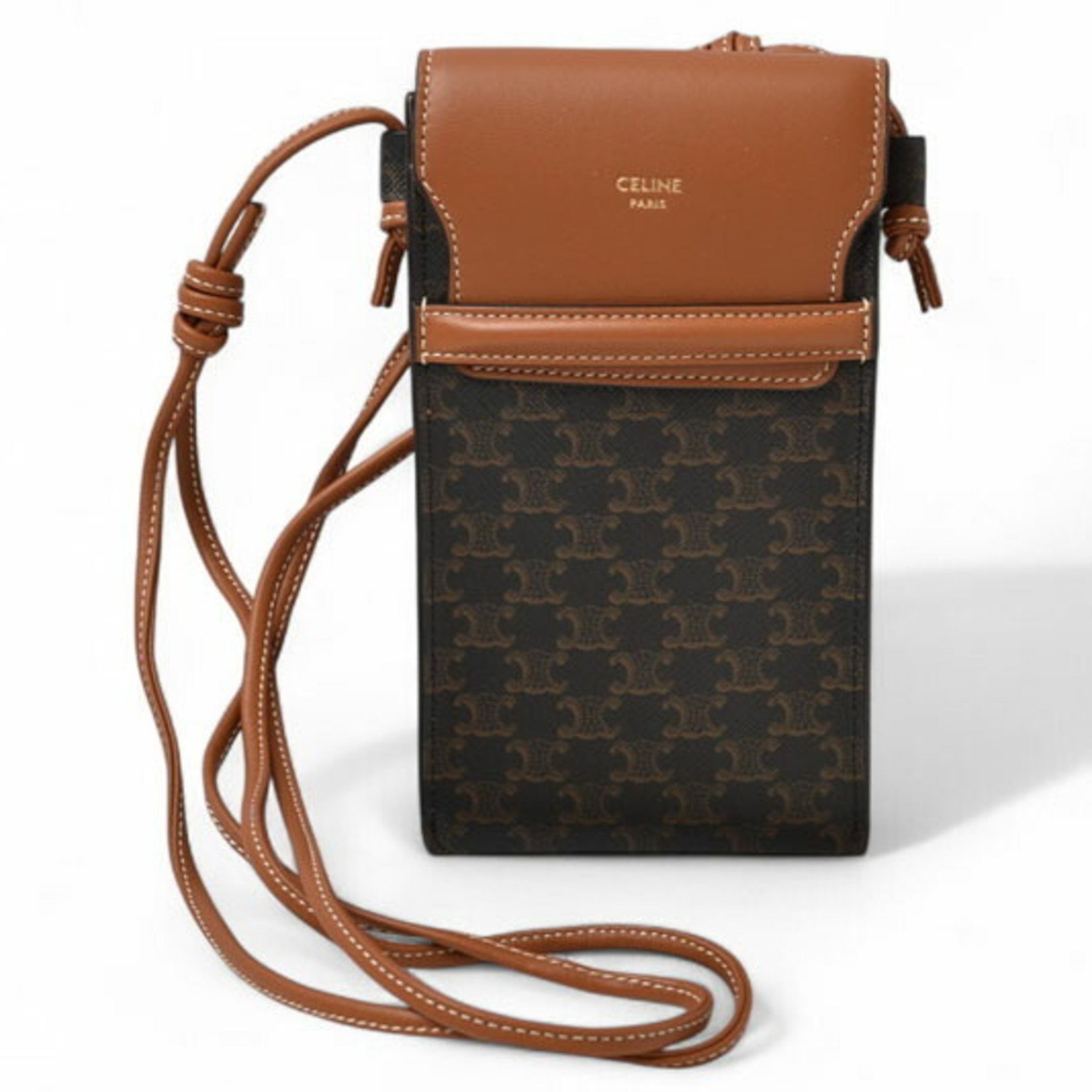 Celine Shoulder Bag Phone Pouch Triomphe PHONE POUCH WITH FLAP TAN Smartphone Case Unisex