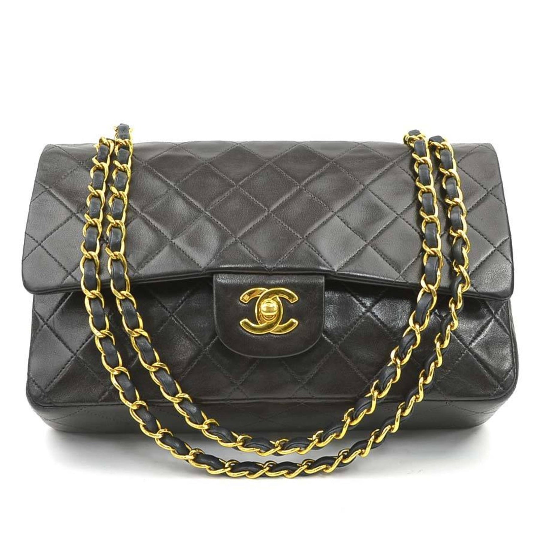 CHANEL Matelasse Shoulder Bag with Double Flap, Leather, Metal, Black, and Gold