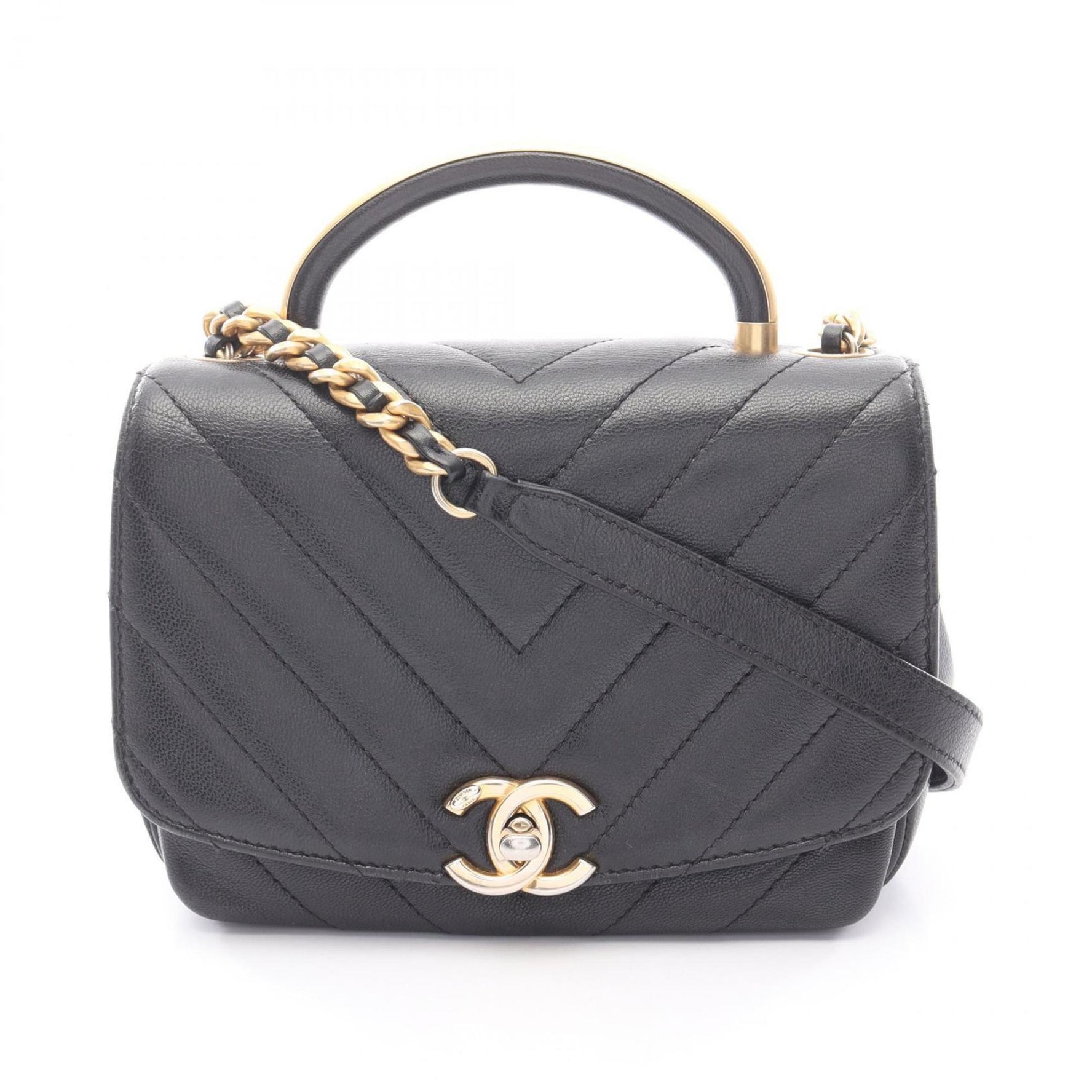 CHANEL Chevron V-Stitch Top Handle Shoulder Bag Leather
