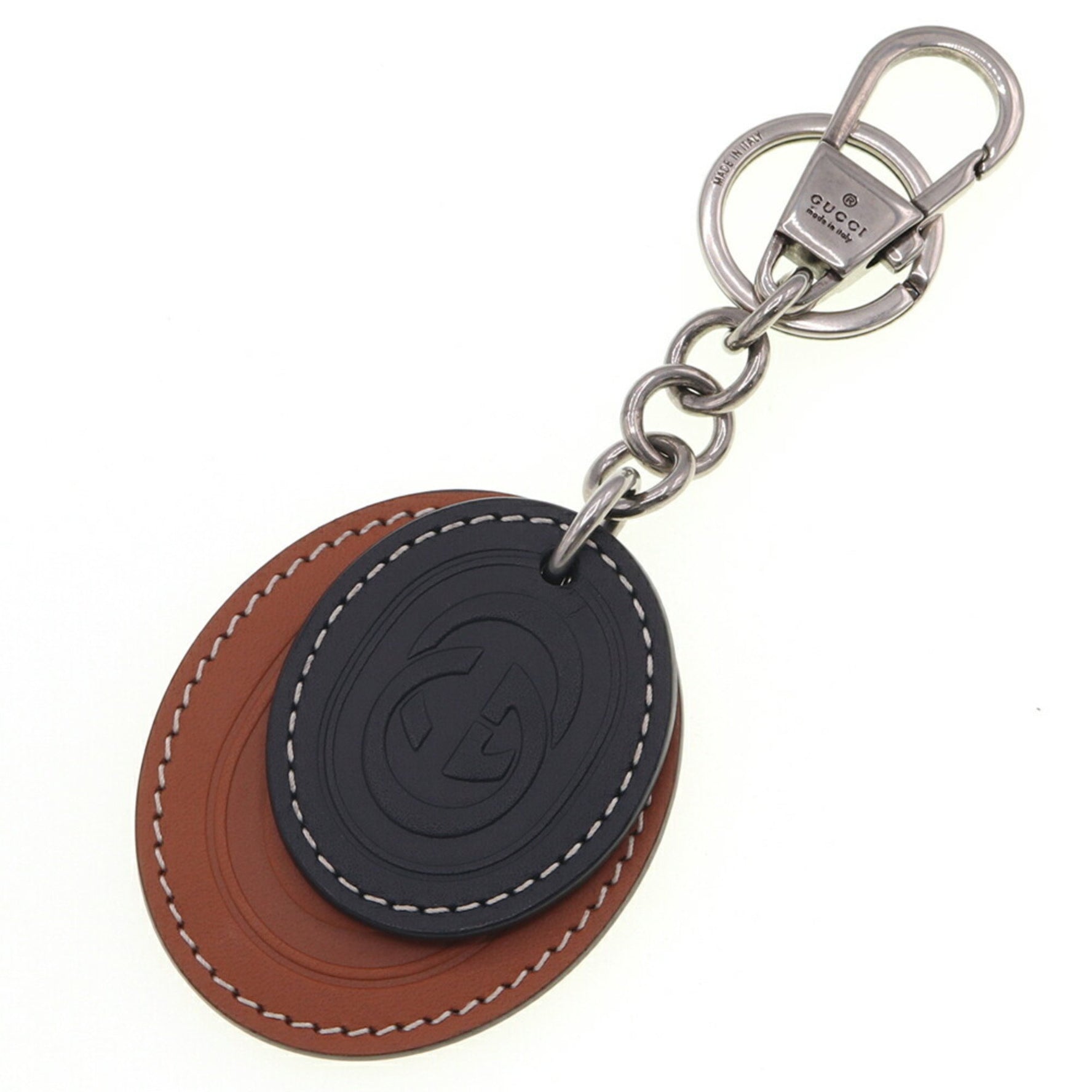Gucci Interlocking G Keychain Brown Black Leather Metal Keyring Bag Charm