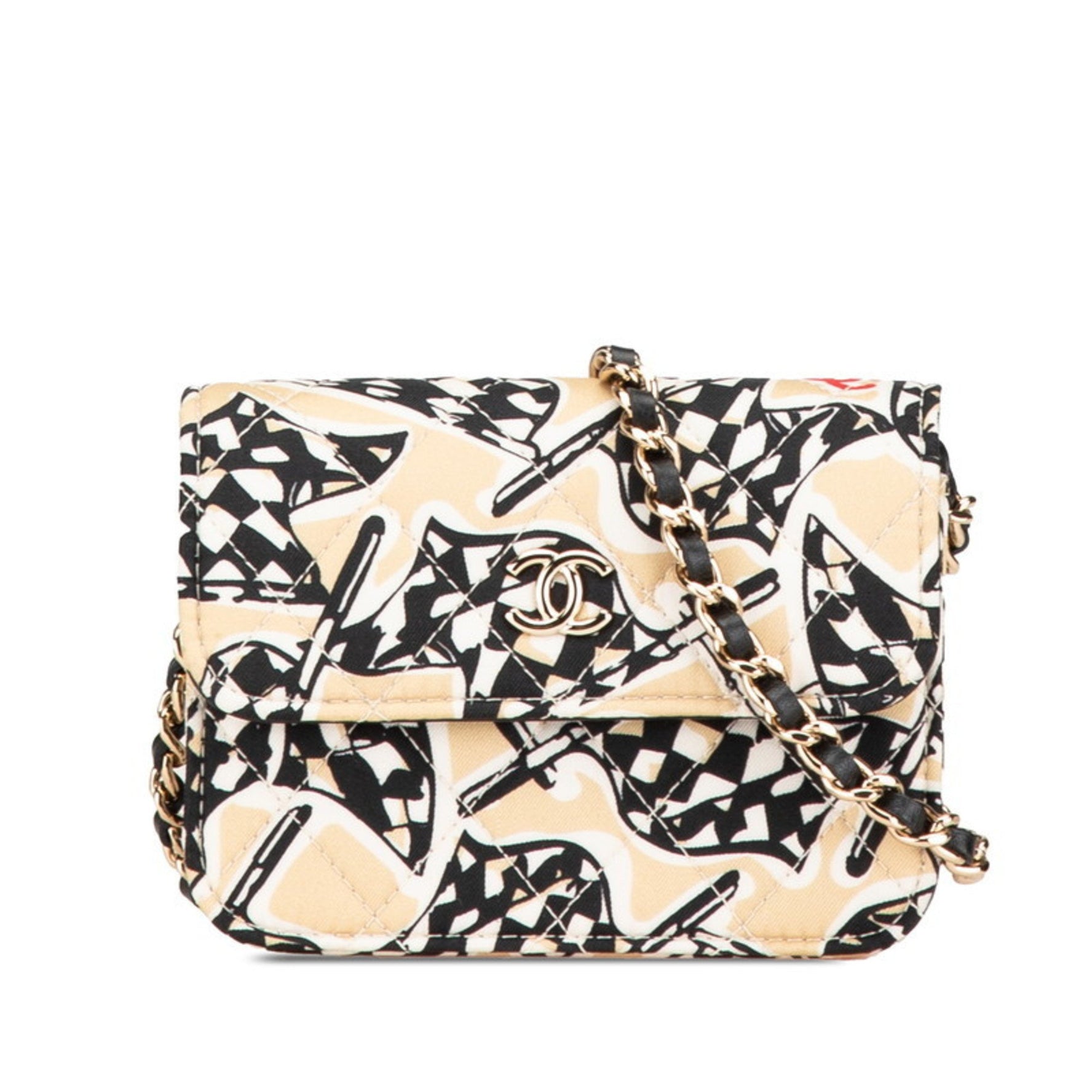 CHANEL Matelasse Coco Mark Checkered Flag Motif Mini Chain Shoulder Bag in Beige and Black Canvas Leather