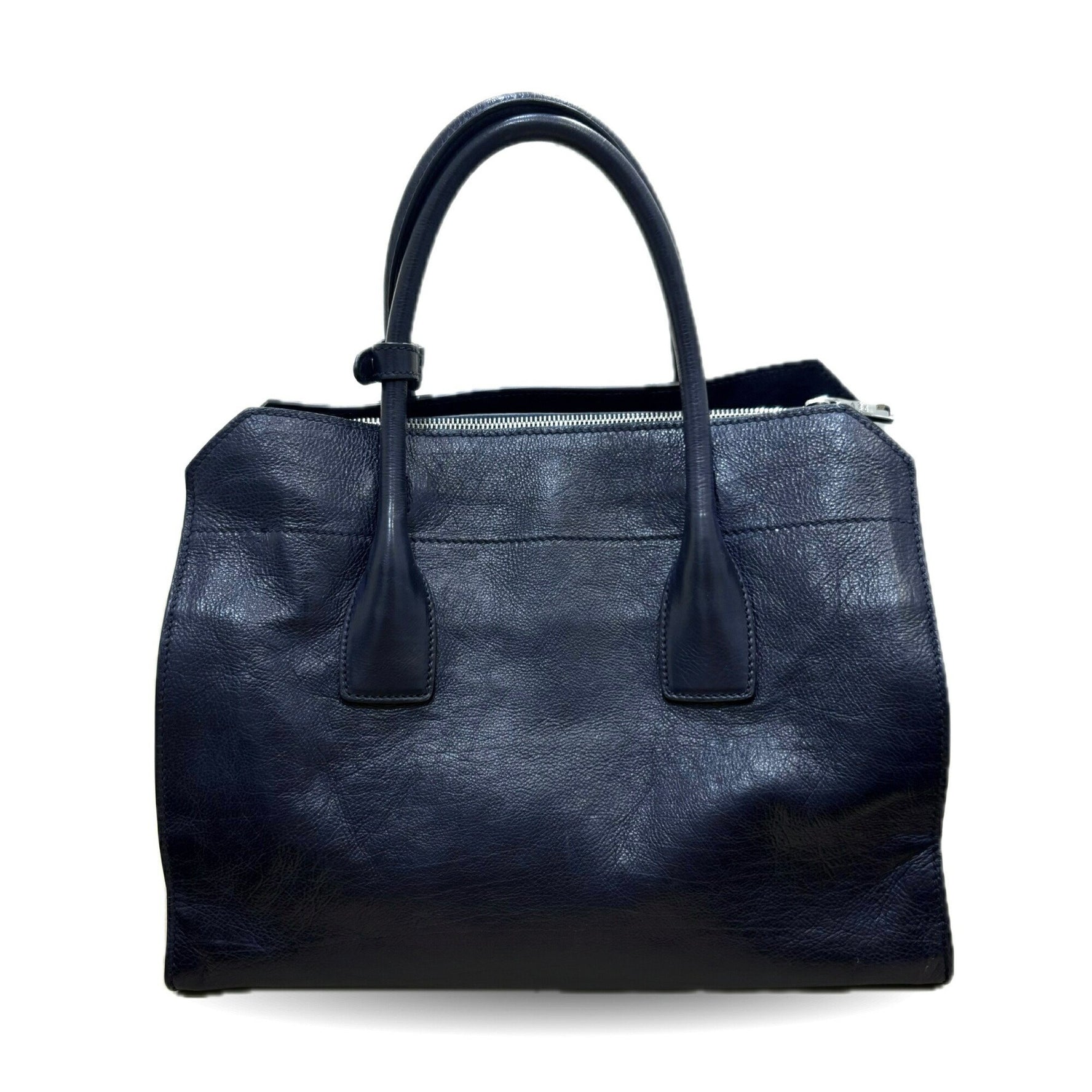 Prada Vitello Dino Handbag Shoulder Bag Navy Leather Triangle PRADA