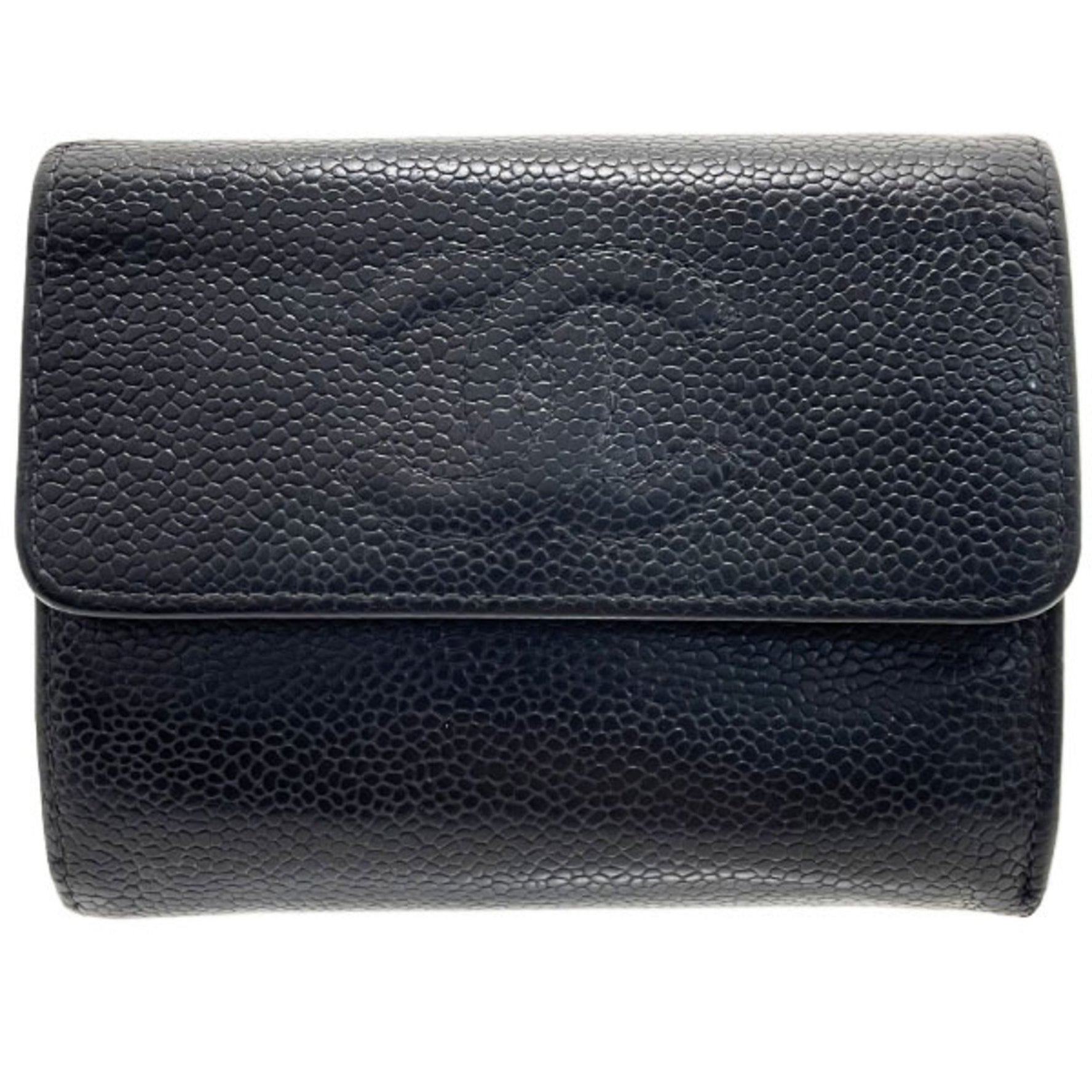 Chanel Wallet Coco Mark Tri-fold Caviar Skin Leather CC