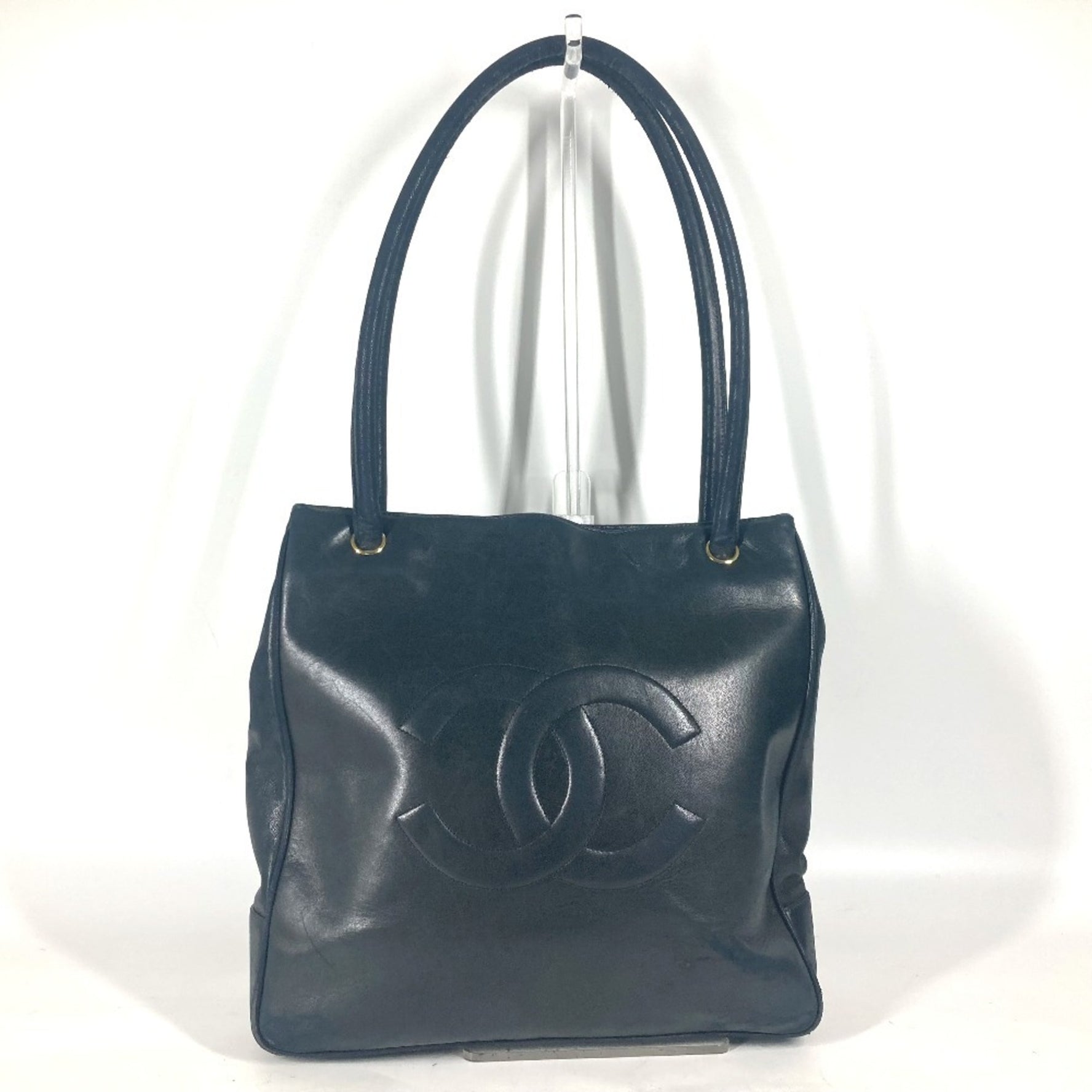 CHANEL Vintage CC Coco Mark Shoulder Tote Bag Leather Dark Navy