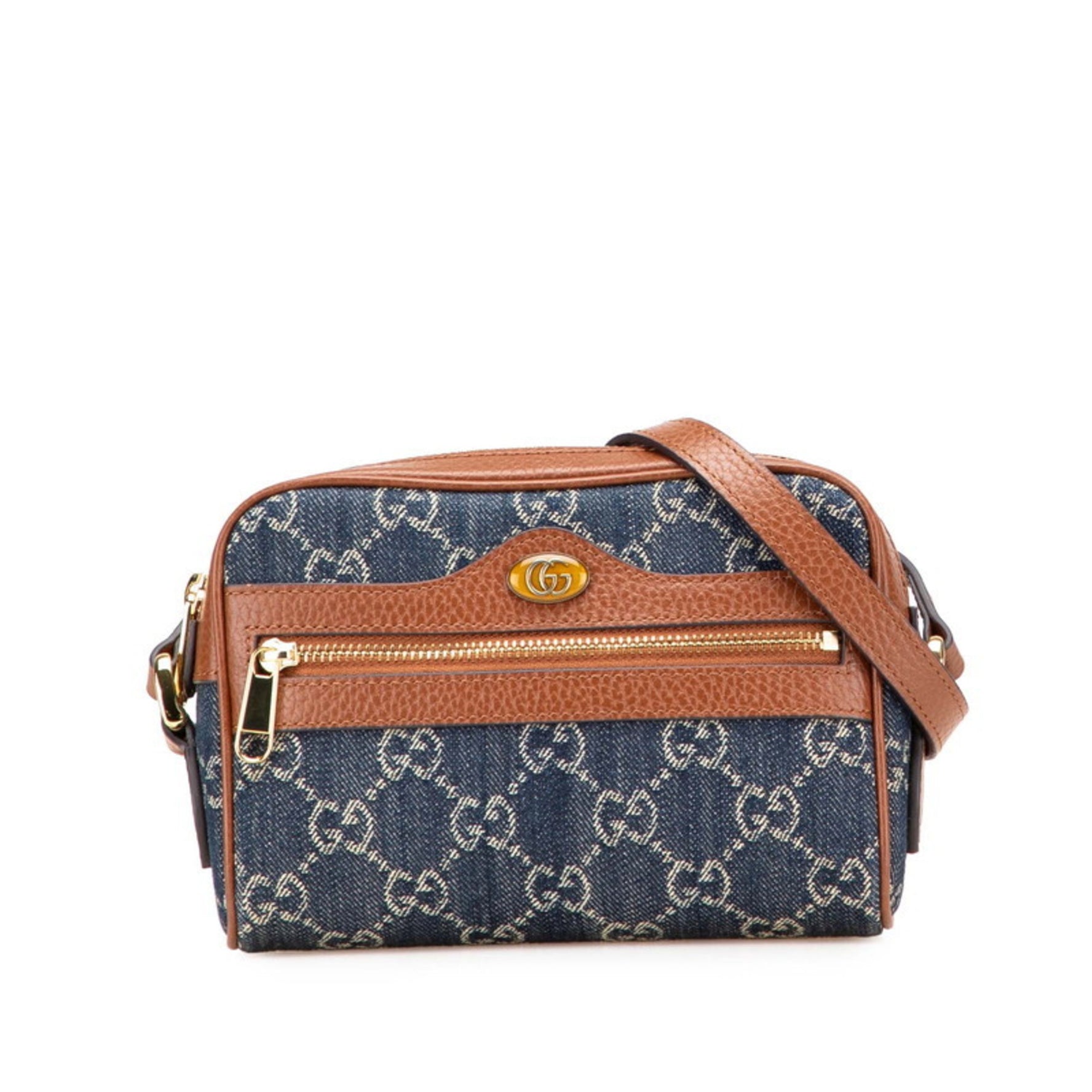 Gucci Ophidia GG Denim Crossbody Mini Shoulder Bag Navy Brown Leather Women's GUCCI