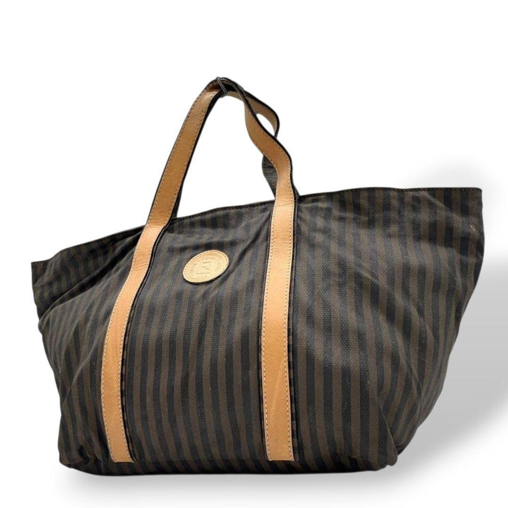 Fendi Pecan Striped Tote Bag in Canvas and Leather.