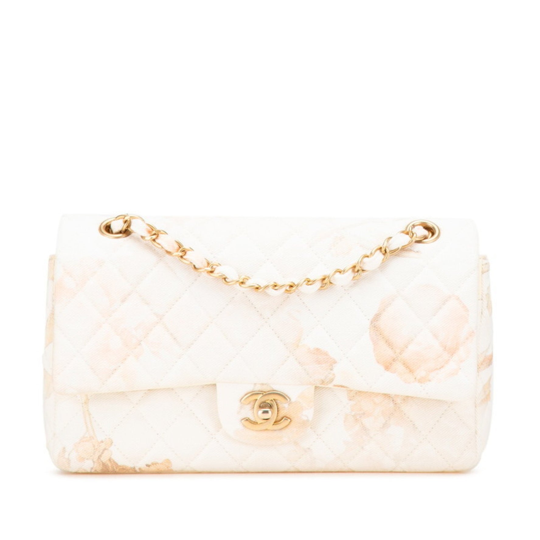 CHANEL Matelasse 25 Coco Mark Double Flap Gold Hardware Flower Chain Shoulder Bag White Pink Cotton Leather