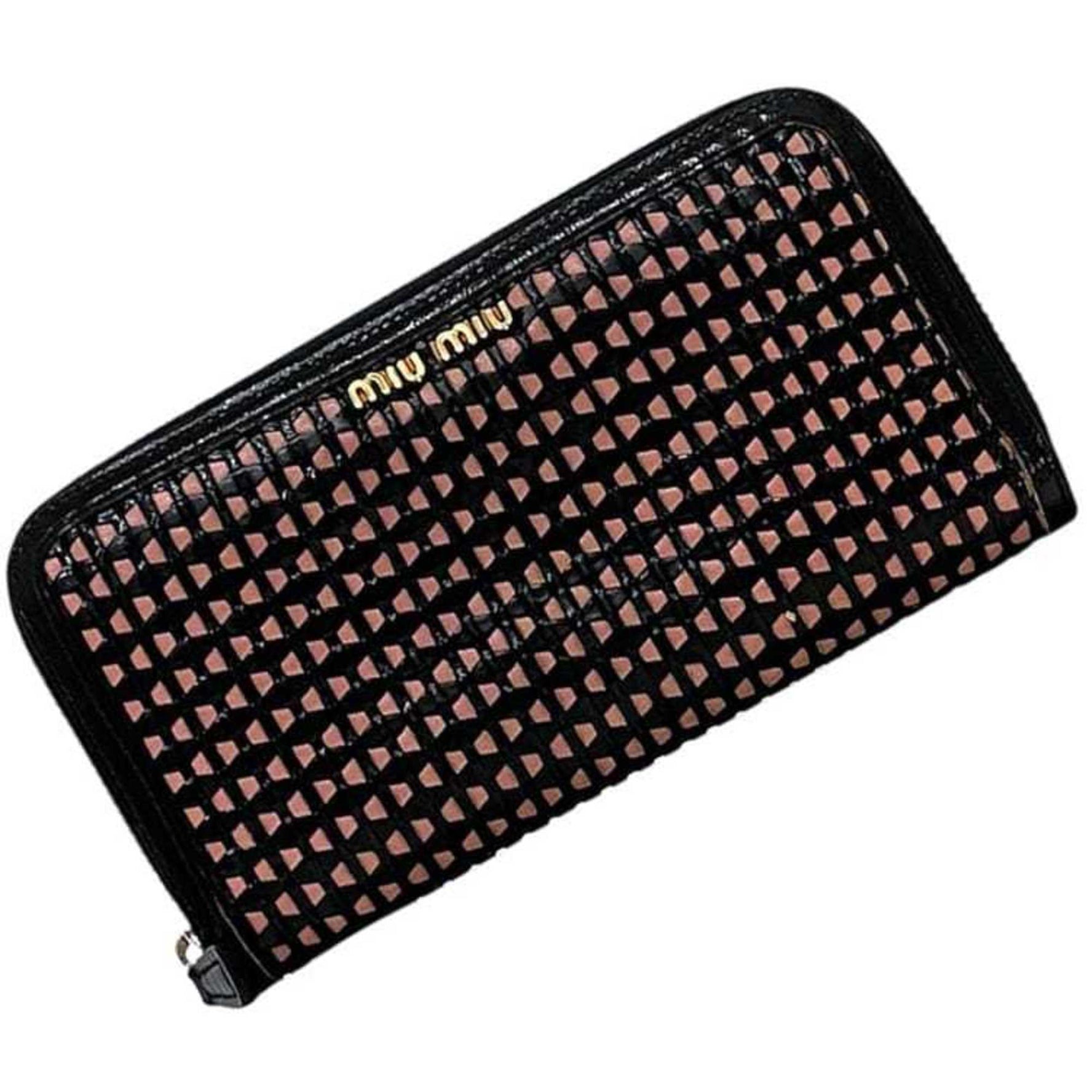 Miu Miu Miu Round Long Wallet Black Pink NERO ROSA Intrecciato Patent Leather Size 12 Enamel Men's Unisex Metal Fittings
