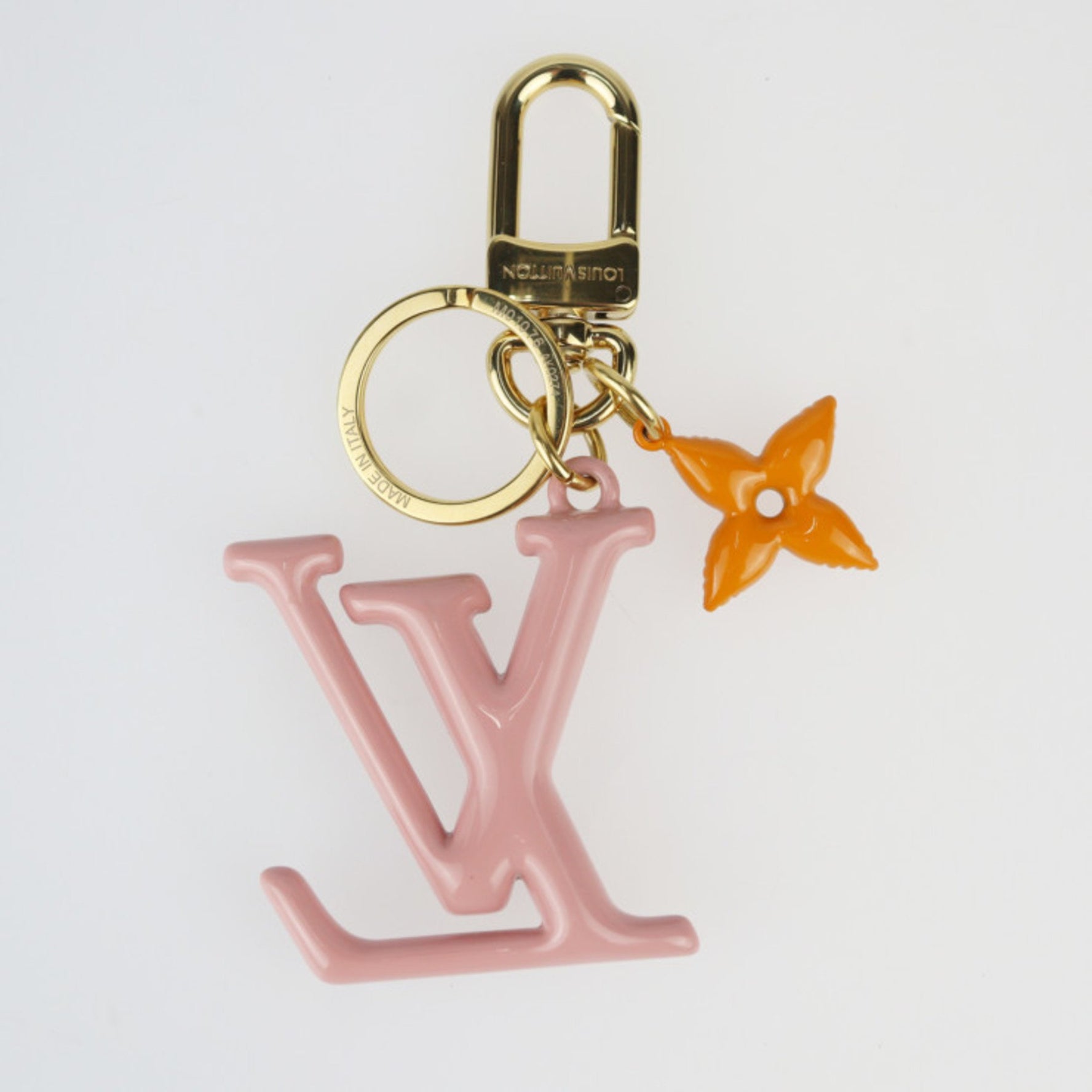 Louis Vuitton LV Pop Flower Keychain Metal Gold Pink Orange Key Ring Bag Charm