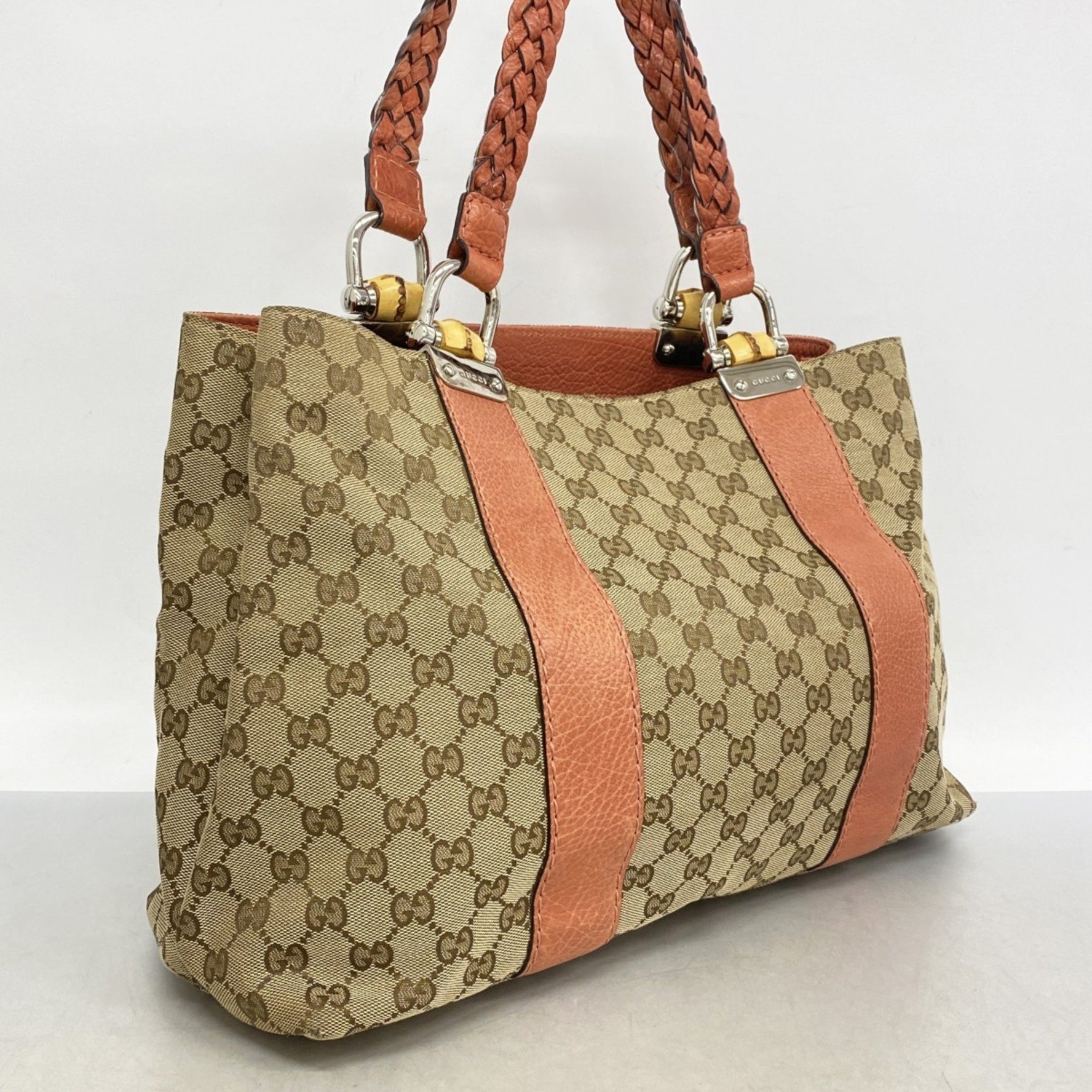 Gucci GG Canvas Bamboo Tote Bag Coral