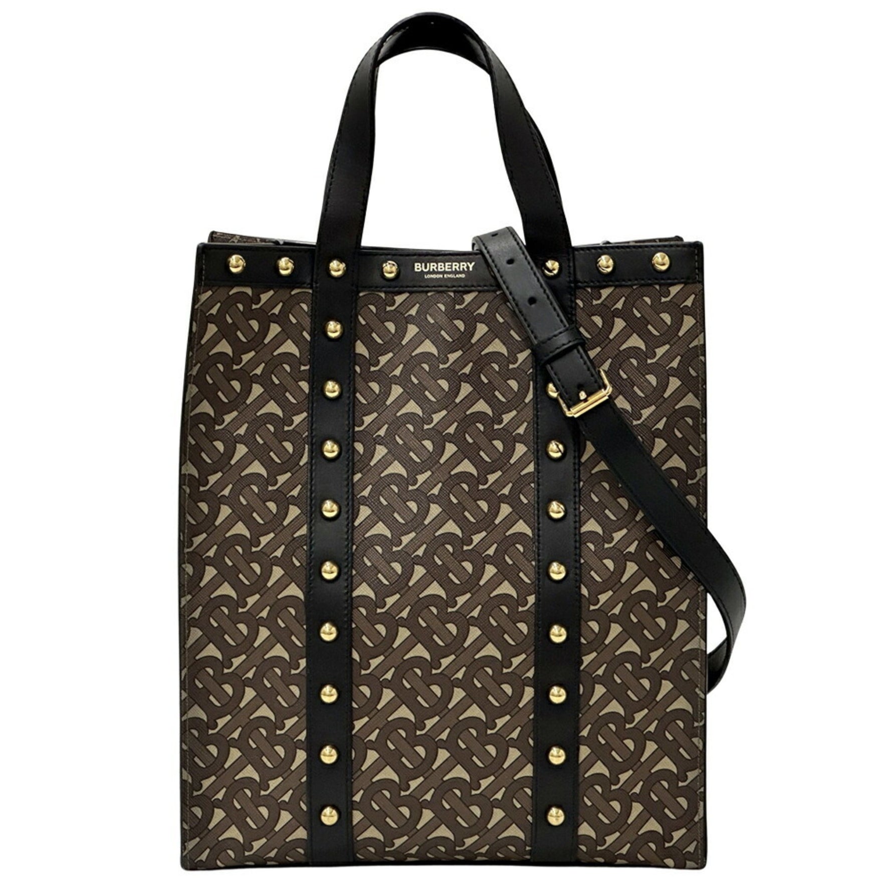 Burberry TB Monogram handbag/shoulder bag for men and women, 2-way PVC, brown black, studded tote