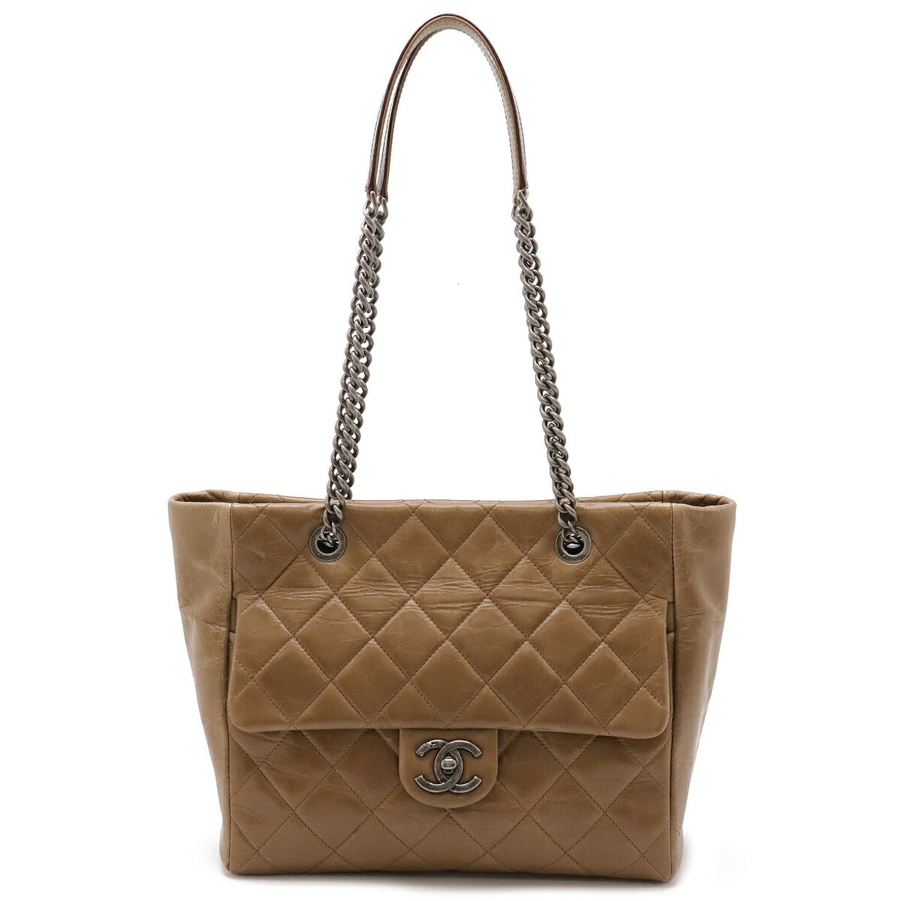 CHANEL Matelasse Coco Mark Tote Bag Chain Shoulder Leather Khaki Brown