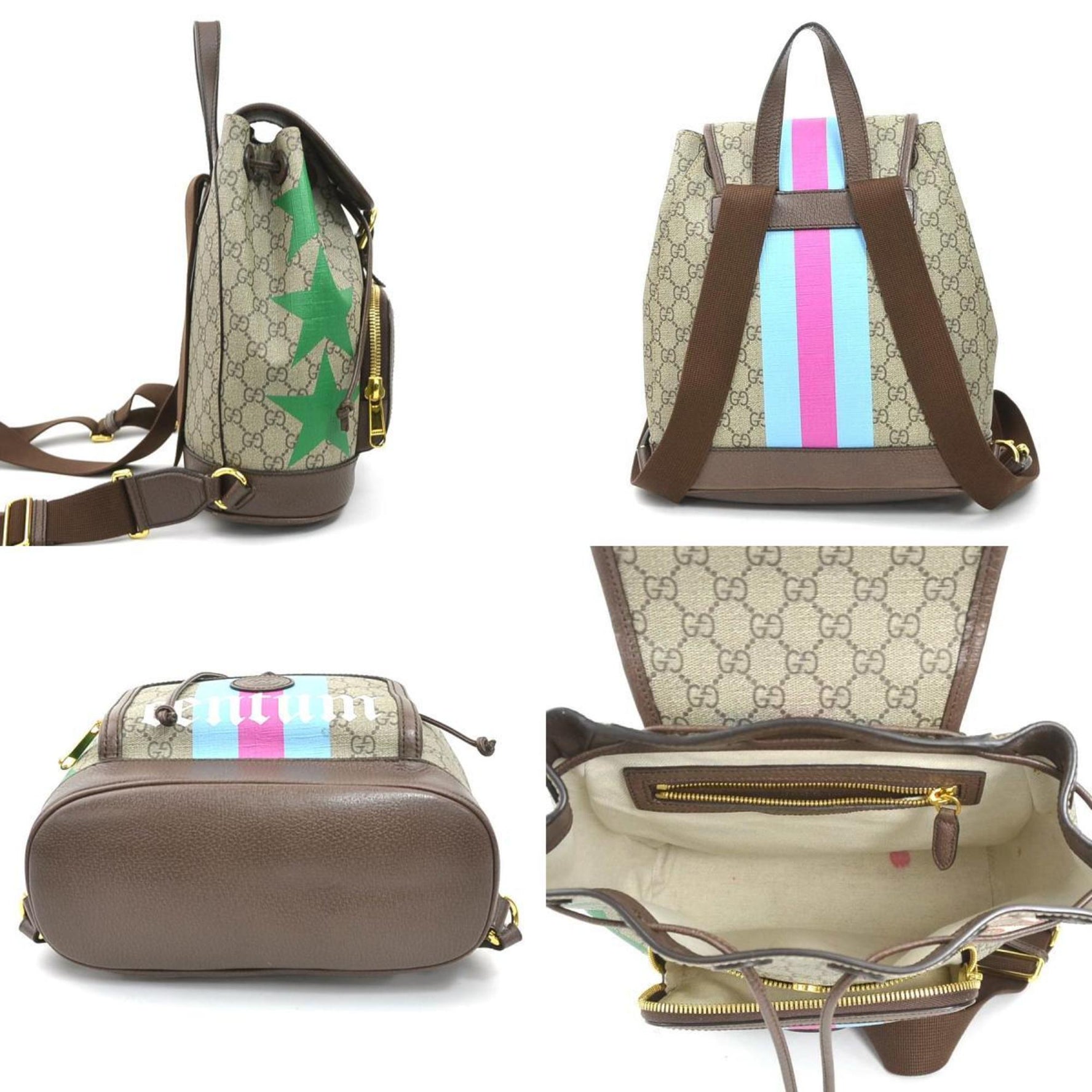 Gucci GG Supreme Canvas and Leather Backpack in Brown, Multicolor, Gold
