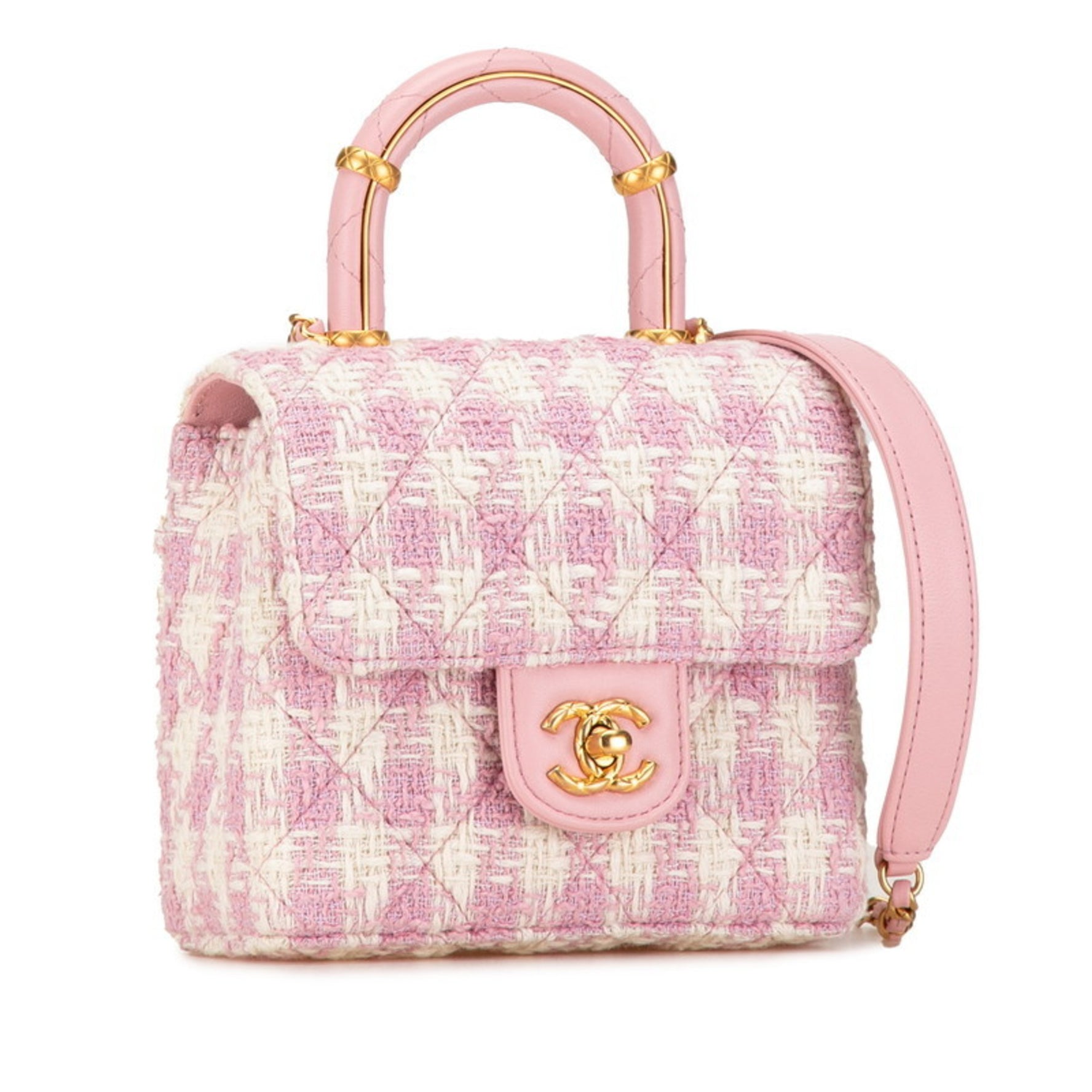 Chanel flap Coco mark chain shoulder bag handbag pink white tweed leather ladies
