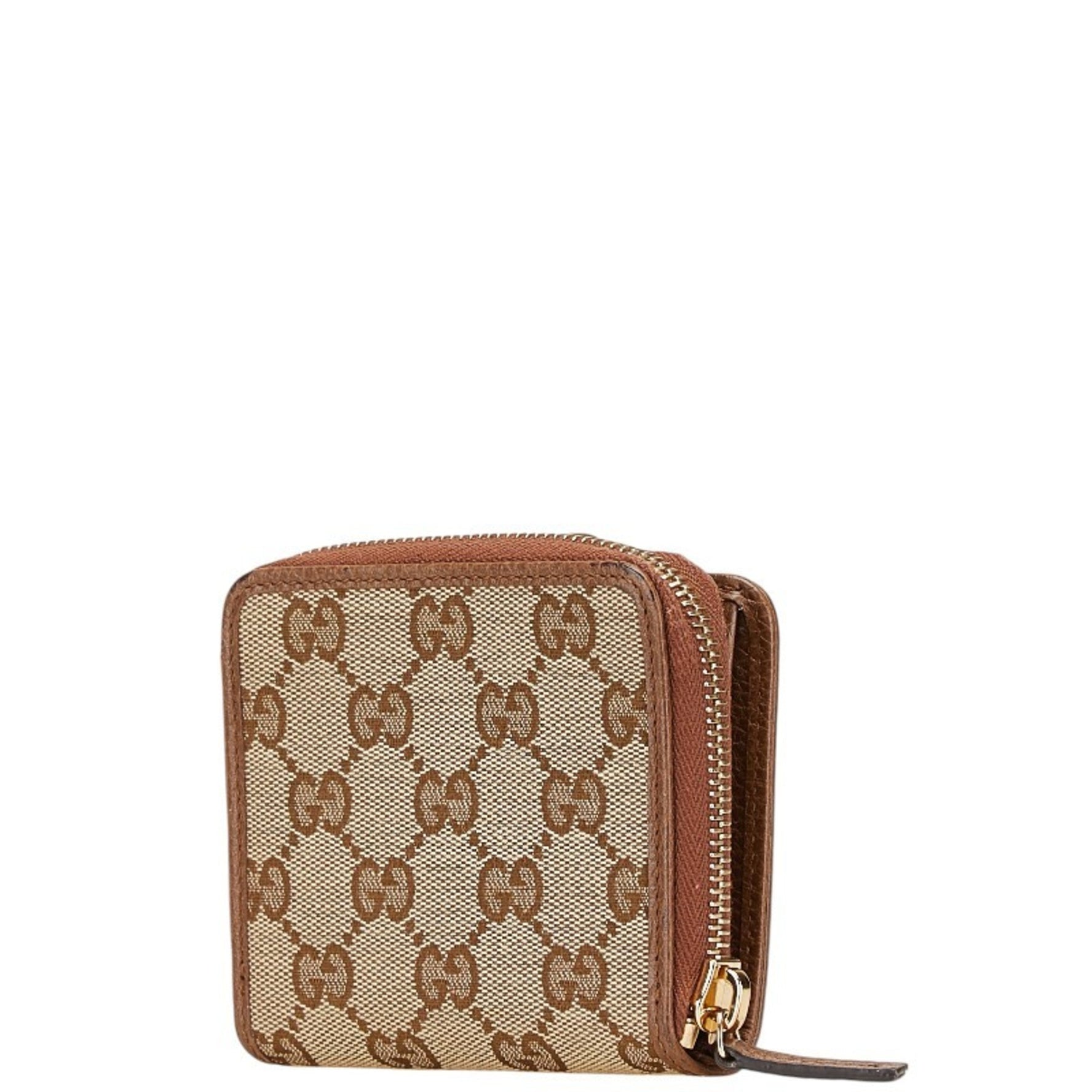 Gucci GG Canvas Zip-Around Bifold Wallet Beige Brown Leather