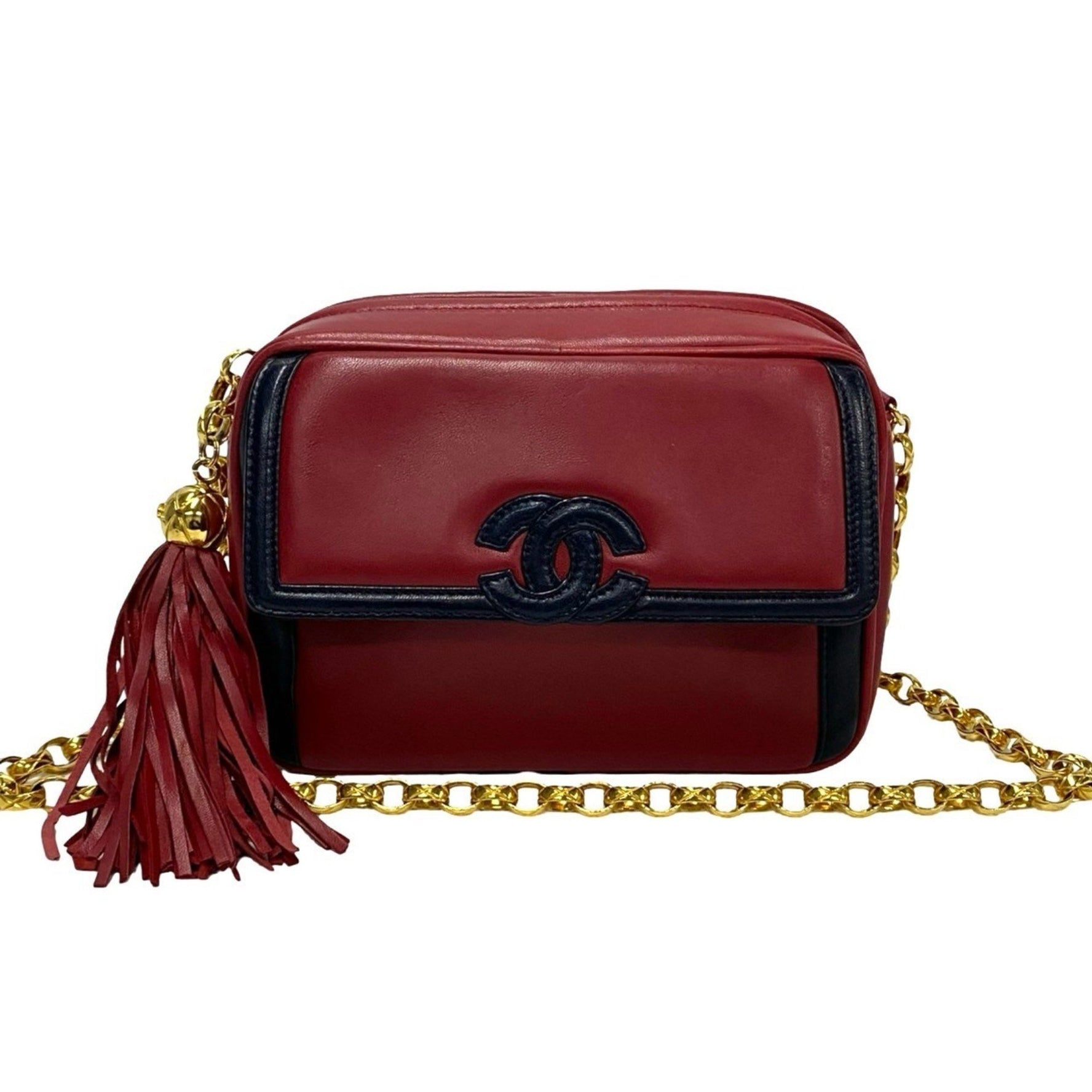 CHANEL Coco Lambskin Leather Mini Shoulder Bag with Chain, Red and Navy, 08816