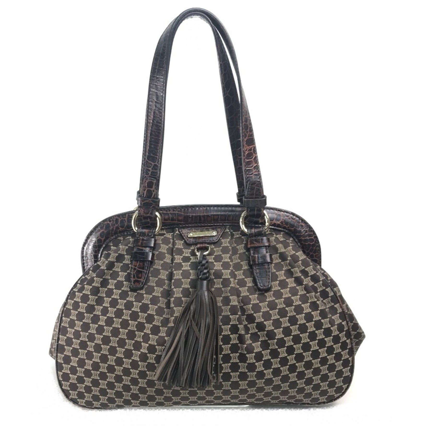 CELINE Logo Macadam Clasp Tote Bag with Tassel Shoulder in Leather/Canvas, Gold Hardware