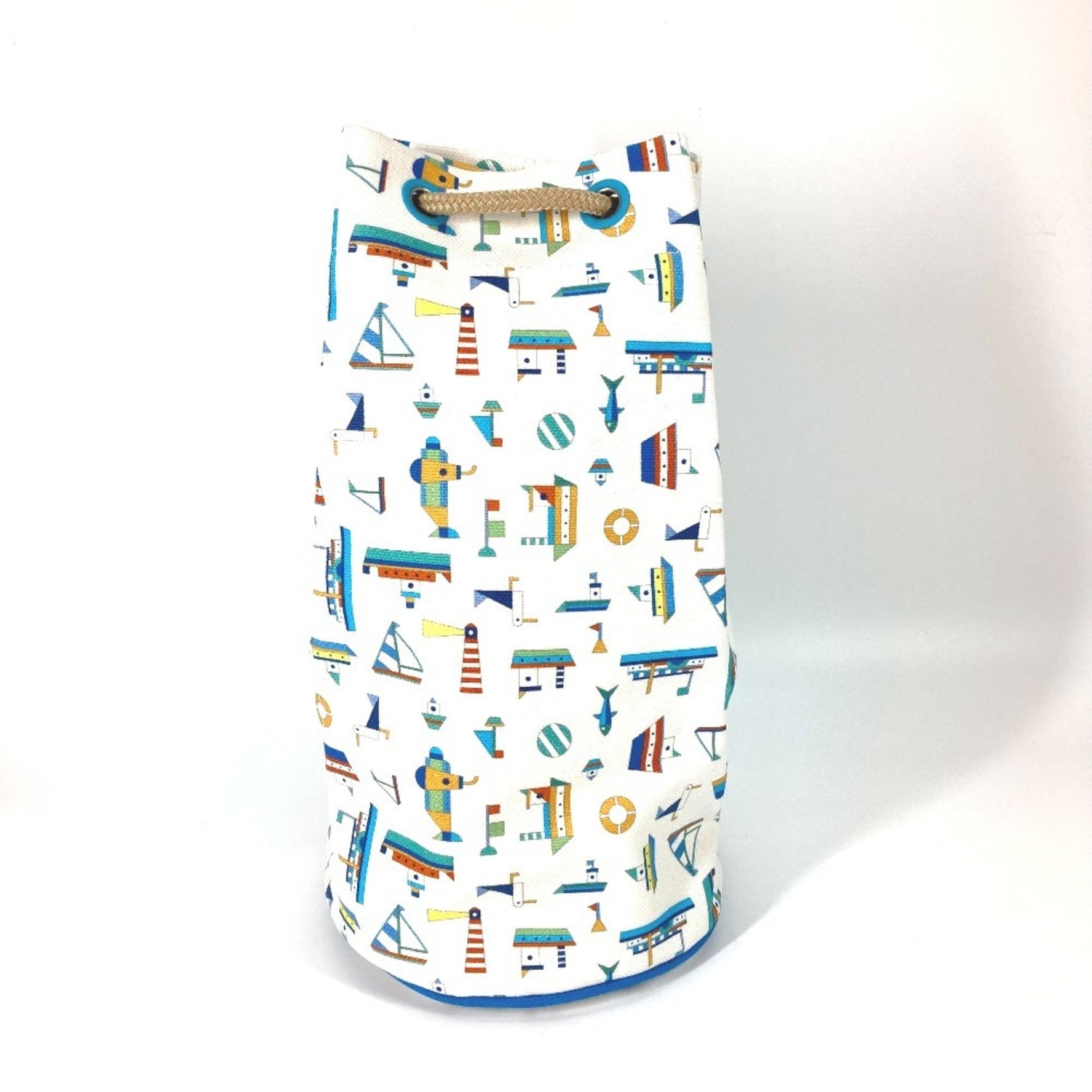 HERMES Marine Print Petit Chartier Drawstring Bag, Cotton Shoulder Kids, White x Blue