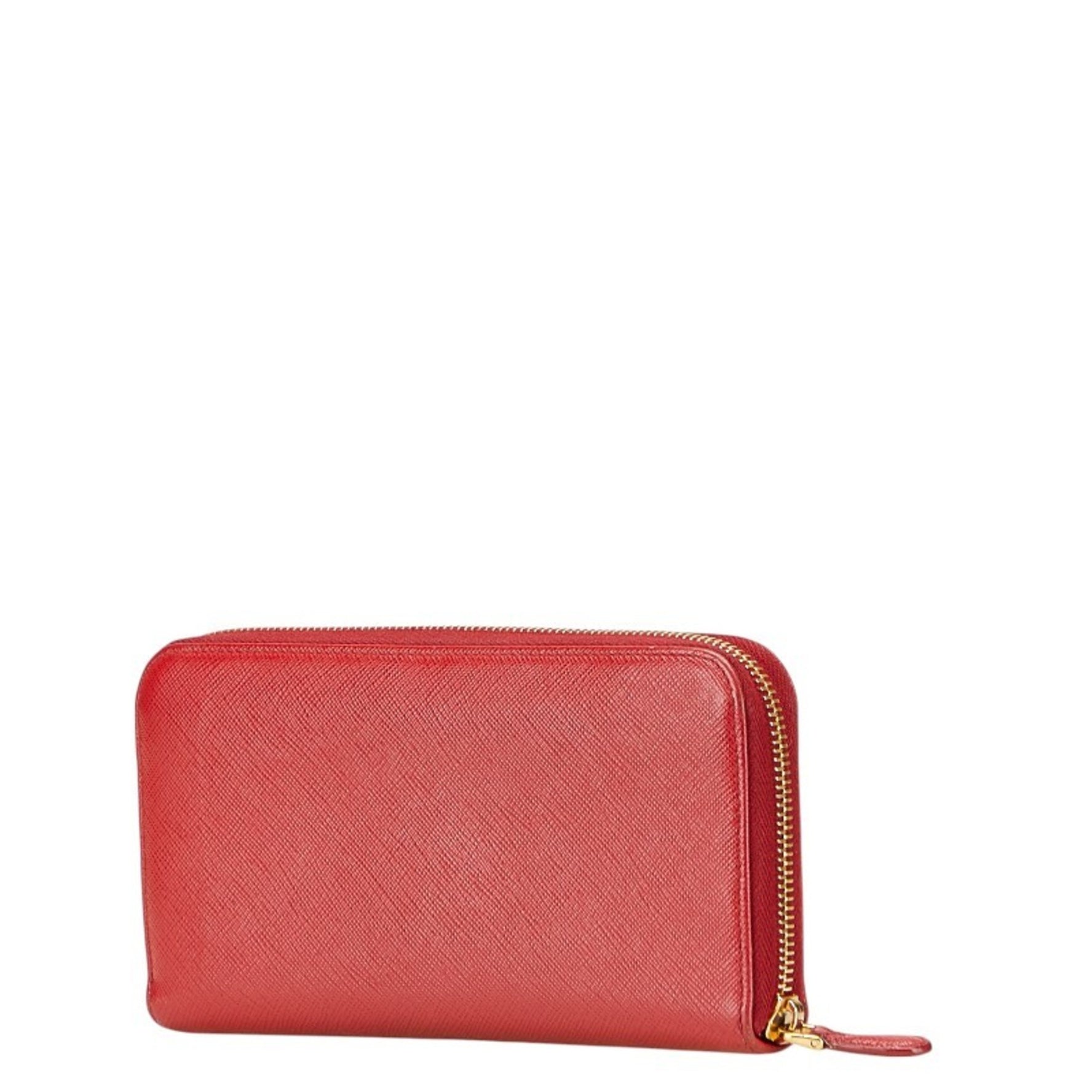 Prada Triangle Logo Plate Round Zip Long Wallet Red Saffiano Leather
