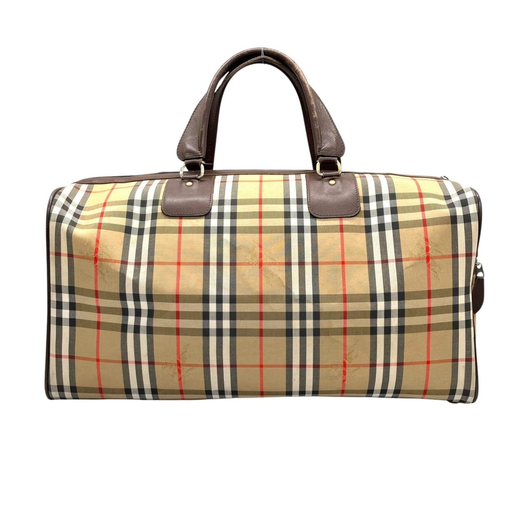 BURBERRY Boston Bag in Nova Check Shadow Horse Pattern, Beige/Brown Canvas and Leather with Gold Hardware Checked Logo, Men's Size D