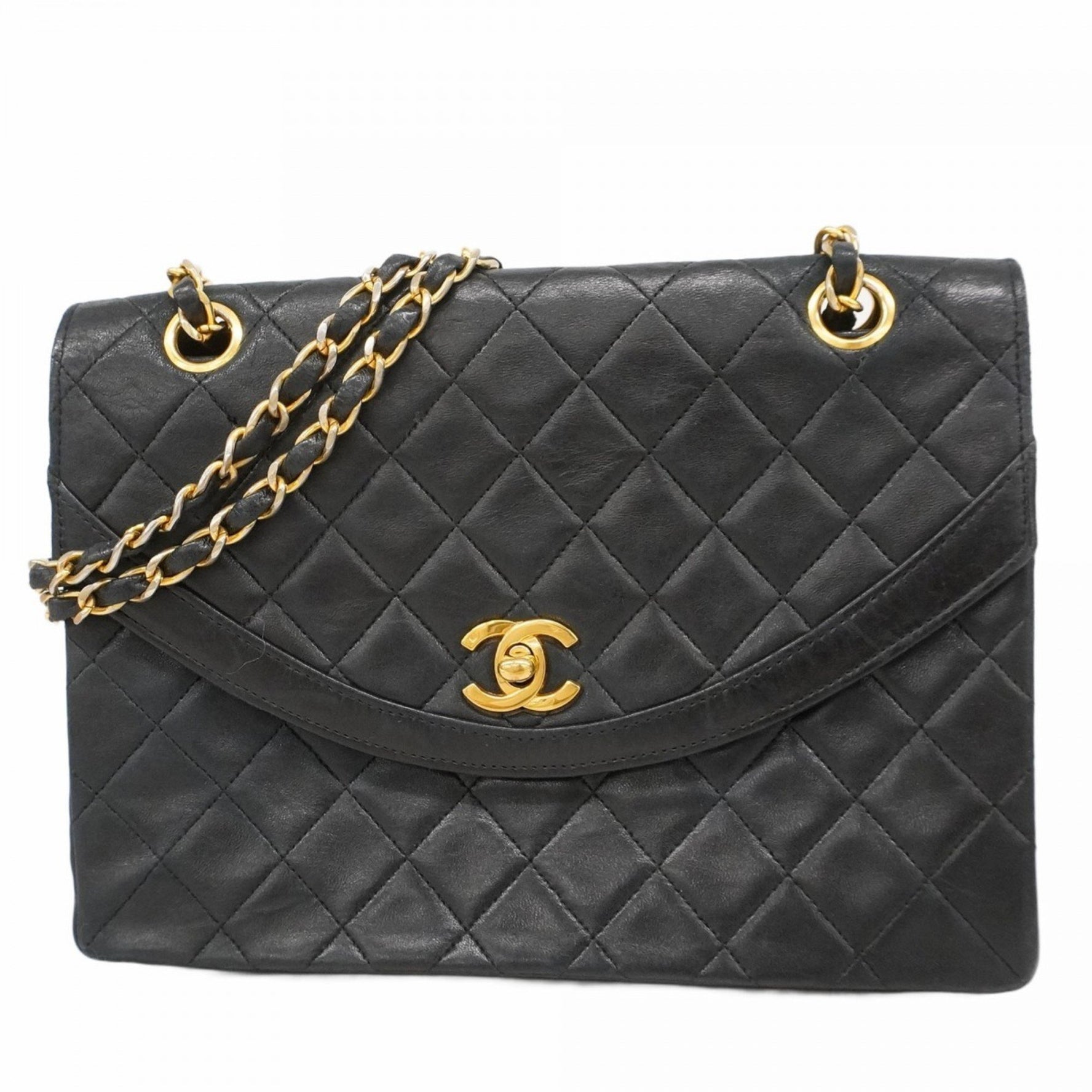 Chanel Matelasse Shoulder Bag with Double Chain, Lambskin, Black, Women's