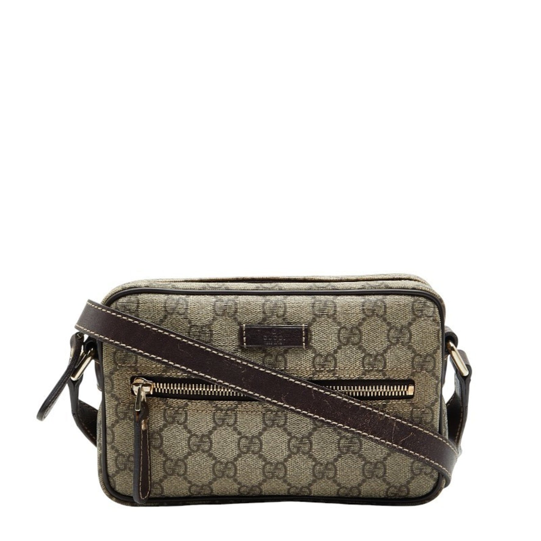 Gucci GG Supreme Crossbody Shoulder Bag Beige Brown Leather