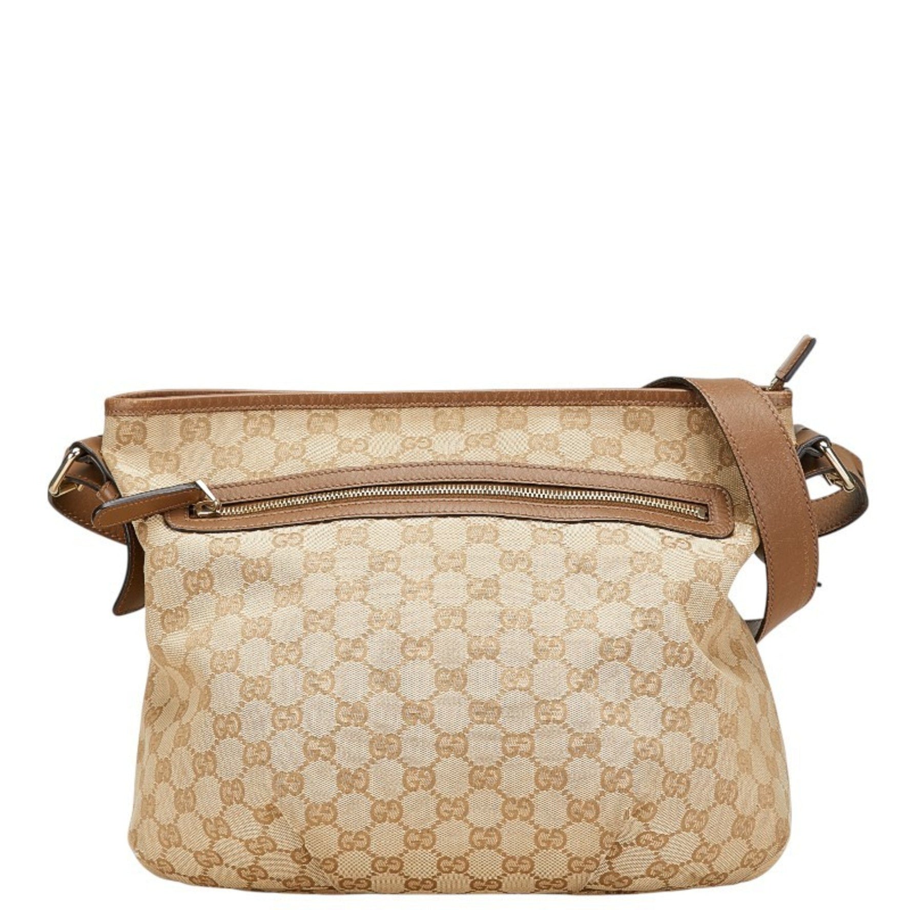 Gucci GG Canvas Crossbody Shoulder Bag Beige Brown Leather