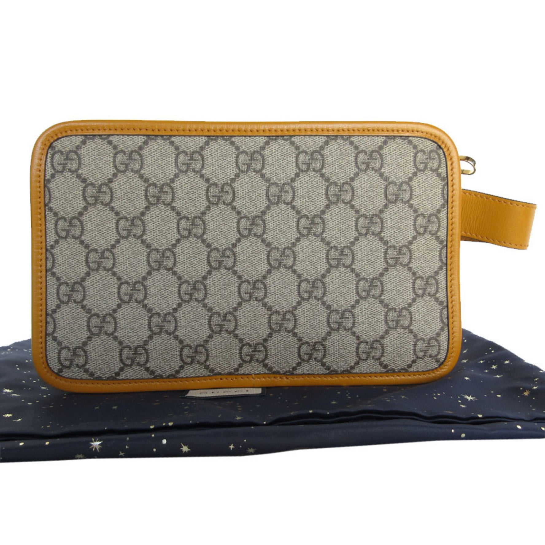 GUCCI Clutch Bag GG Supreme Canvas Leather Beige Brown Yellow Gold