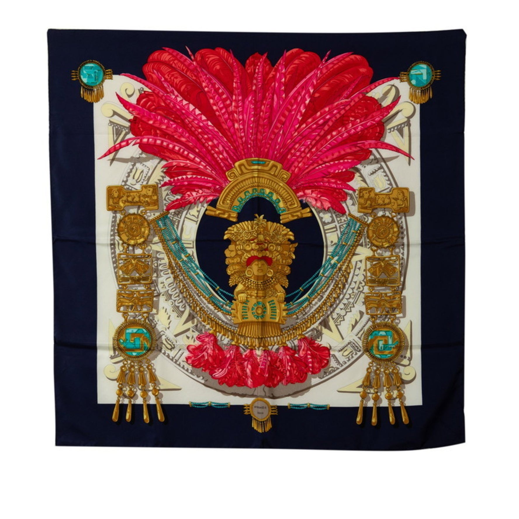 Hermes Carre 90 Carnival Buddha Statue Scarf Muffler Navy Pink Multicolor Silk
