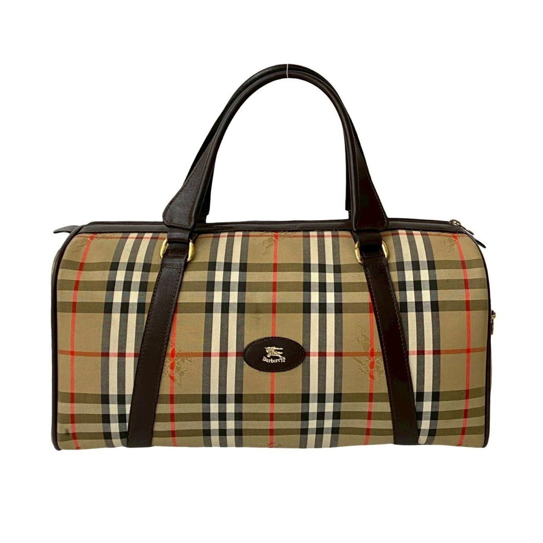 Burberry's Vintage Nova Check Shadow Horse Logo Canvas and Leather Boston Bag, Brown