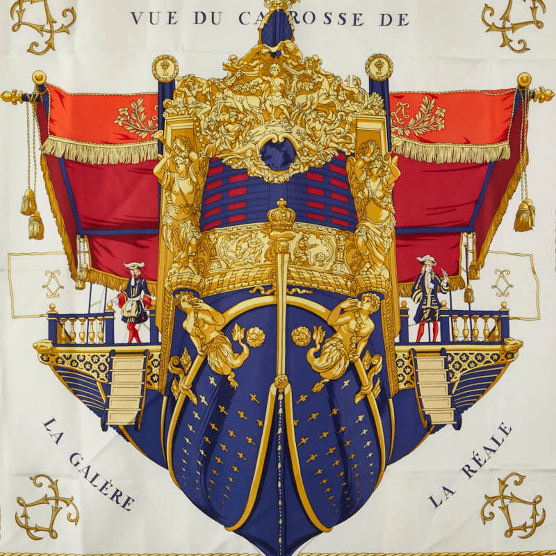 Hermes Hermès Carré 90 "VUE DU CAROSSE DE LA GALERE REALE" Queen's Coronation Scarf, Blue, White, Multicolor, Silk