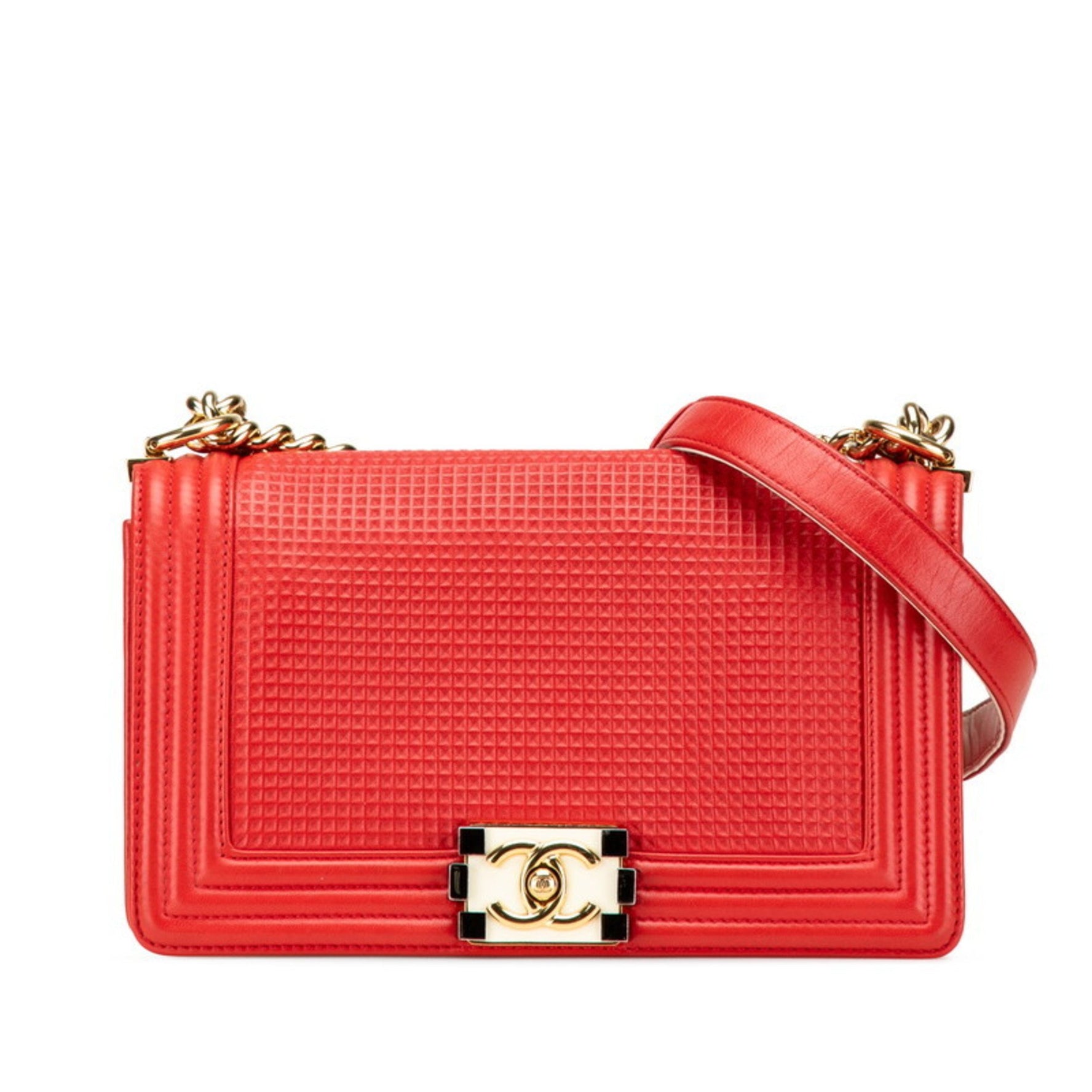 CHANEL Boy 25 Coco Mark Waffle Chain Shoulder Bag Red Lambskin