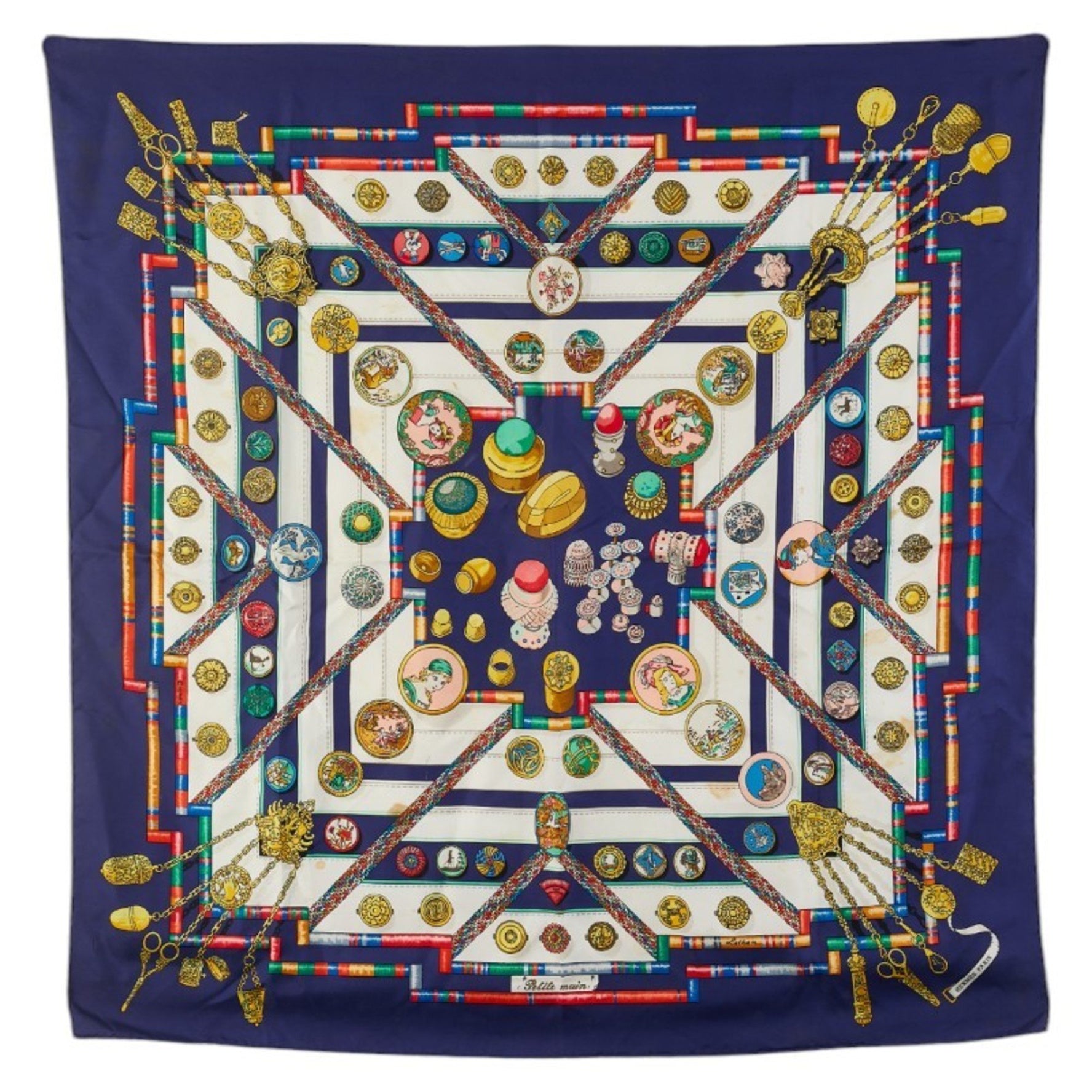 Hermes Carré 90 Pelile main seamstress scarf muffler navy multicolor silk women's HERMES