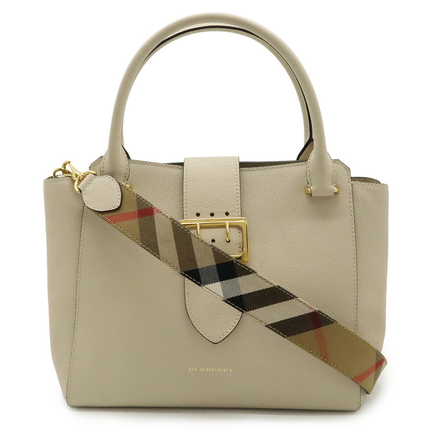 BURBERRY House Check Pattern Tote Bag Shoulder Handbag Leather Light Beige