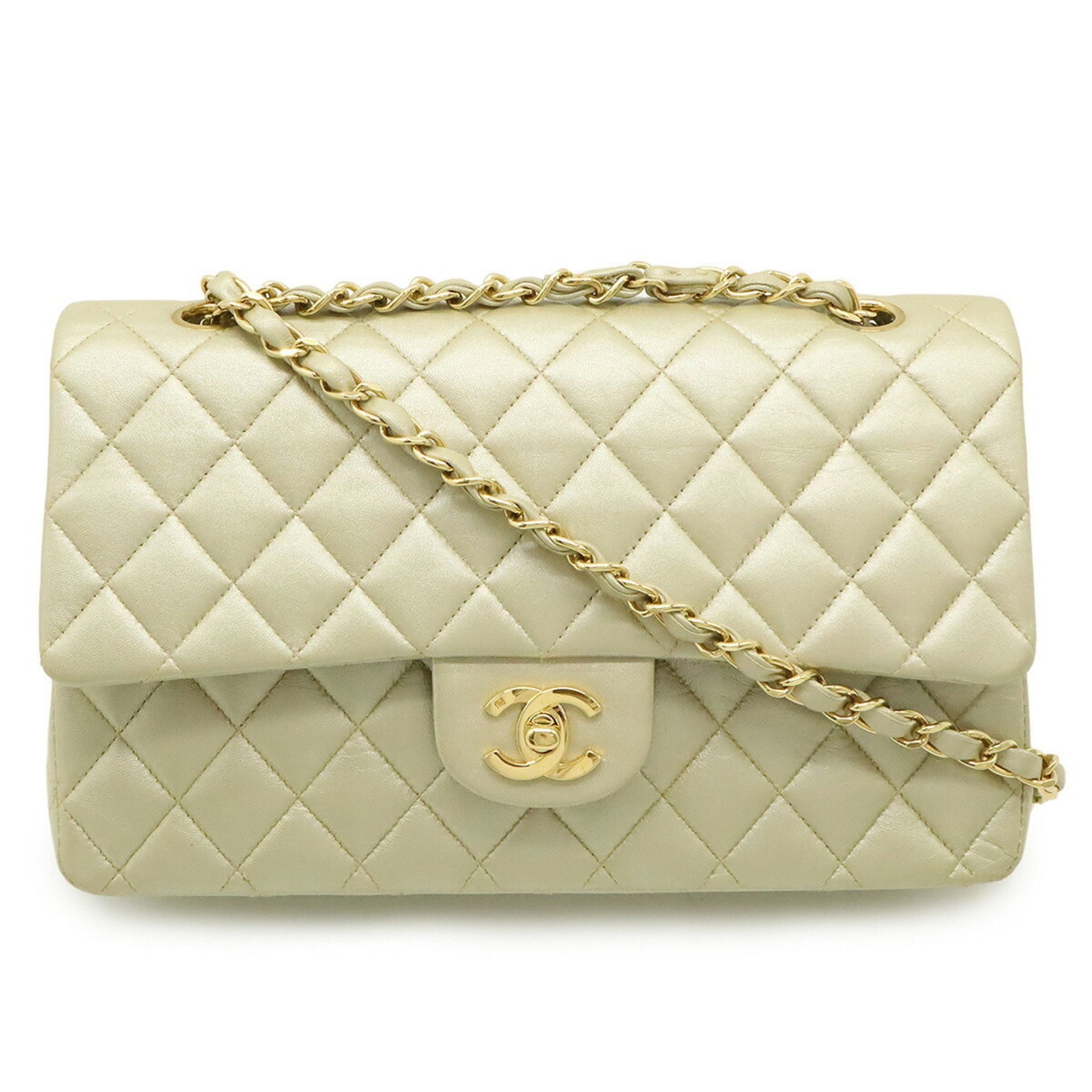 CHANEL Chanel Matelasse 25 Coco Mark Double Flap Chain Shoulder Bag Handbag Leather Champagne Gold A01112