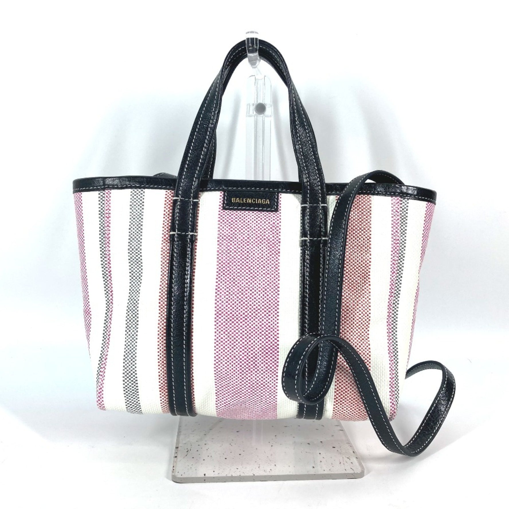 Balenciaga stripe 2WAY Shoulder Bag Crossbody Tote Bag Hand Bag pink Black x White