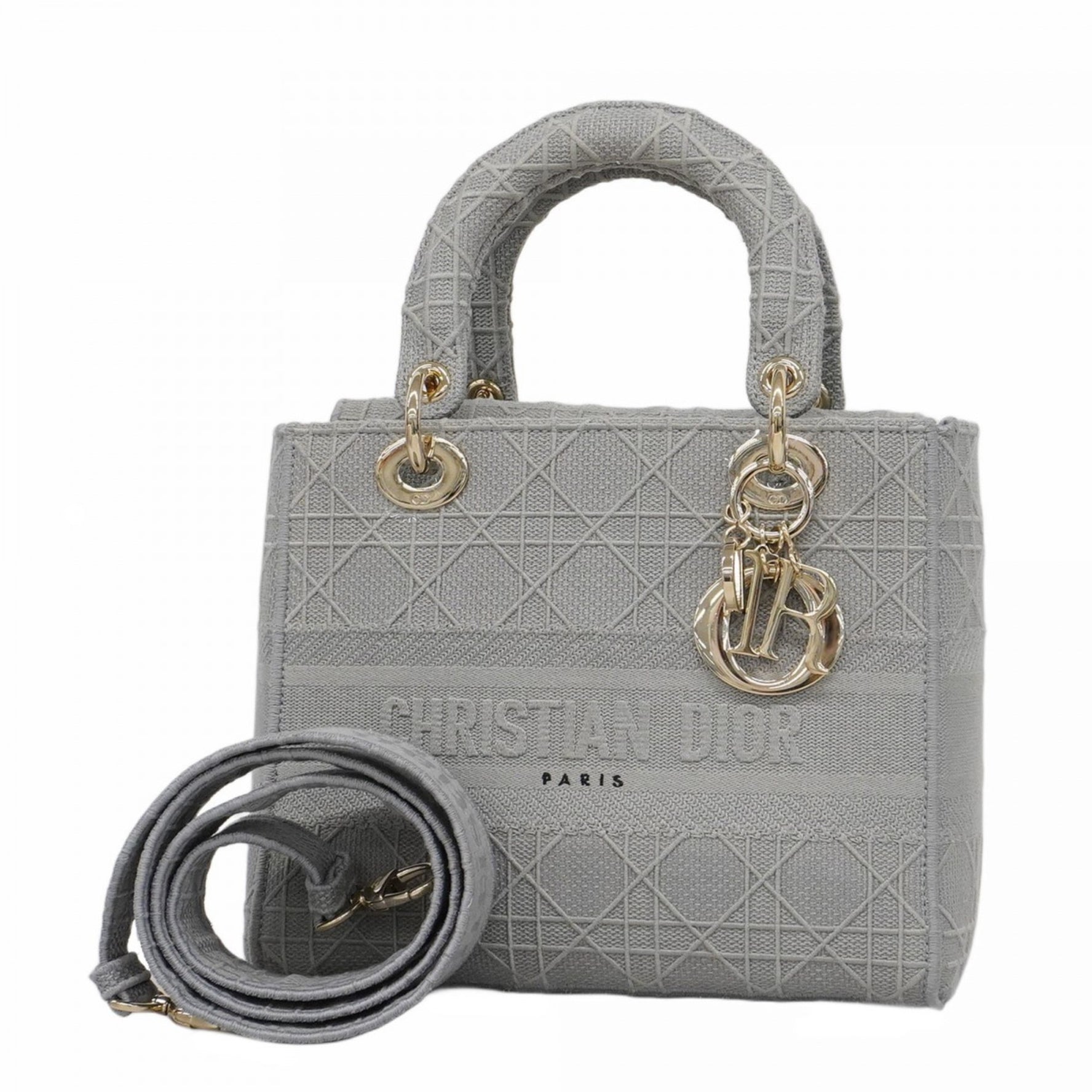Christian Dior Lady D-Lite Canvas Handbag in Gray Champagne (P1166139)