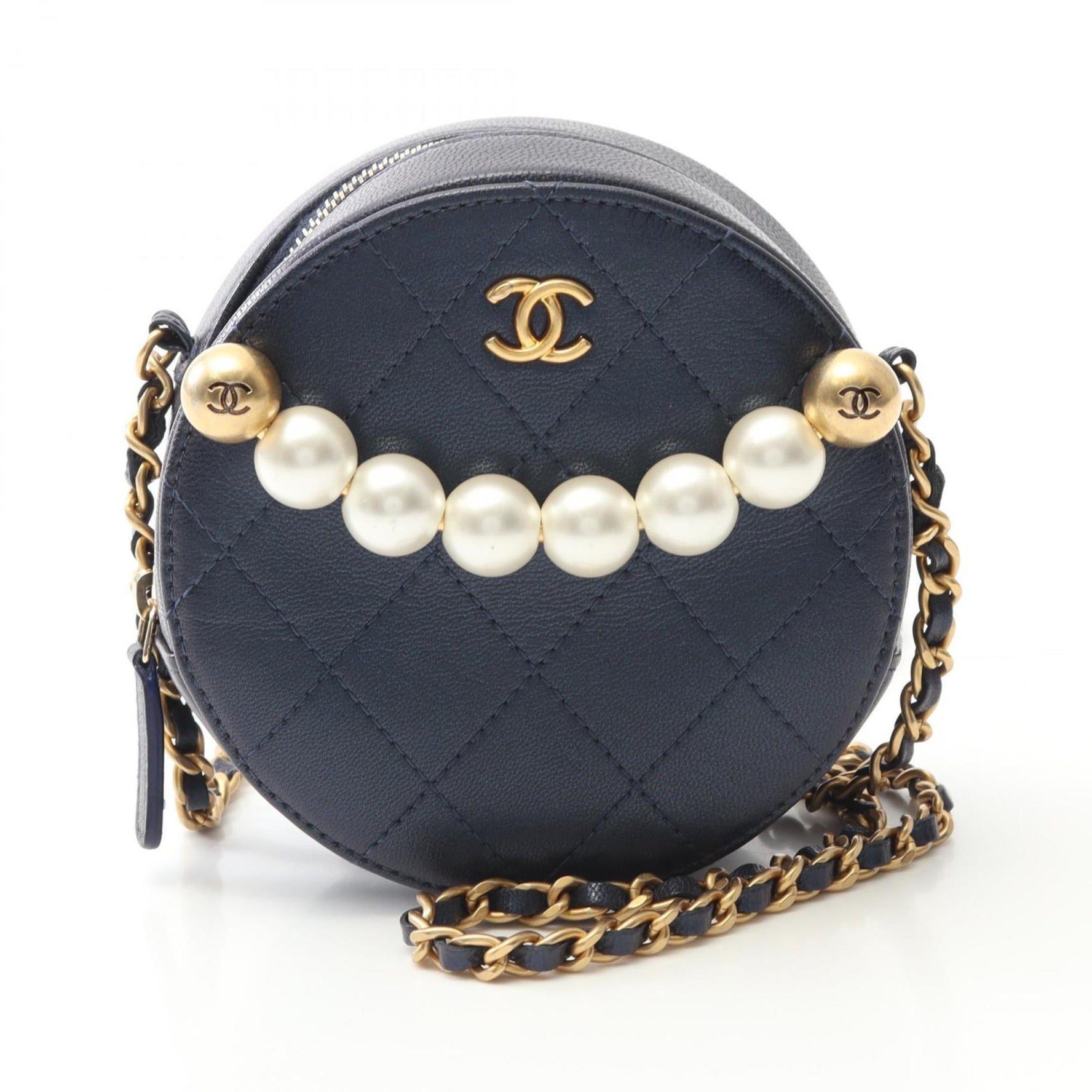 CHANEL Matelasse Round Mini Shoulder Bag in Lambskin Leather, Blue