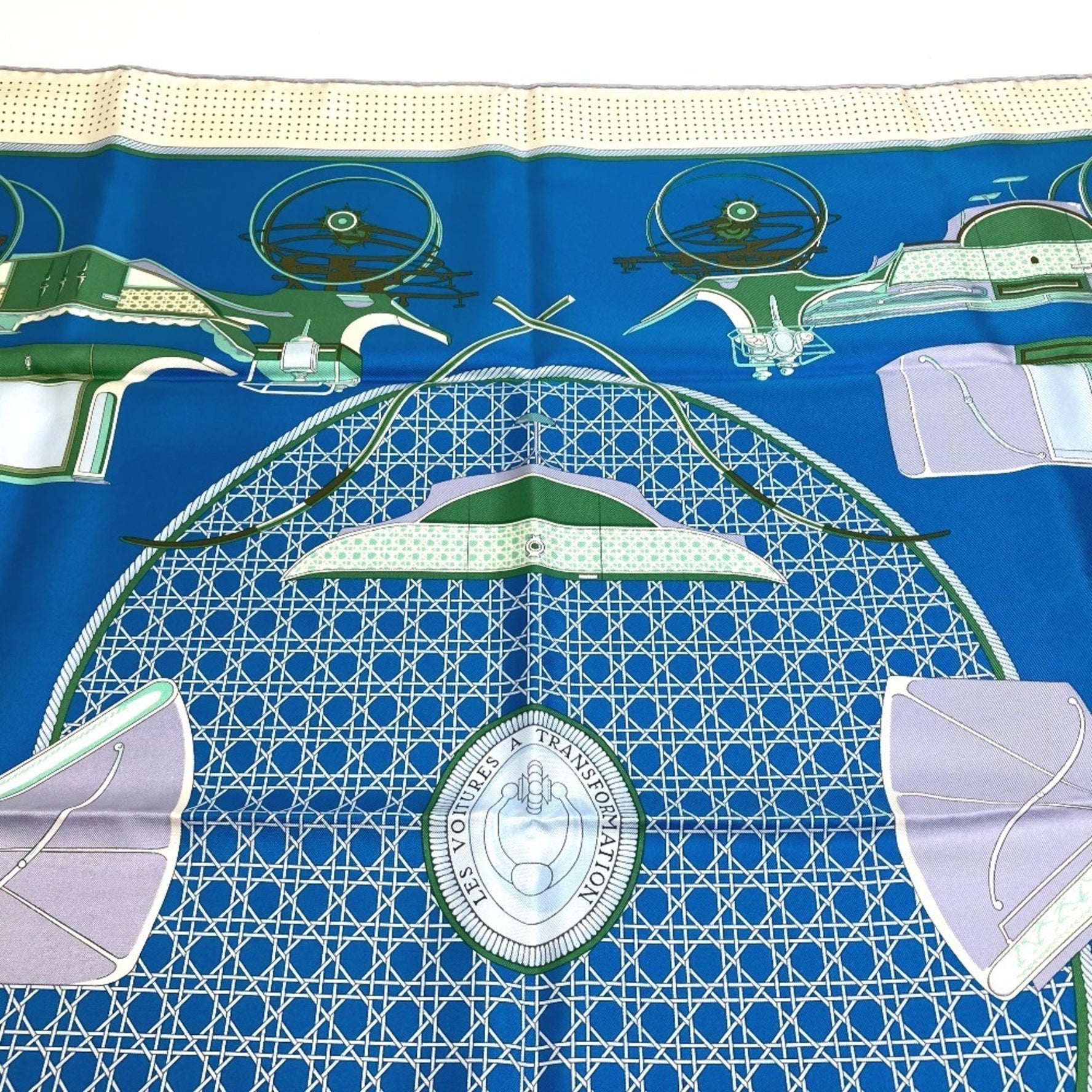 HERMES LA PERRIERE Carriage Carré 90 Silk Scarf Muffler Blue/Green/Ivory