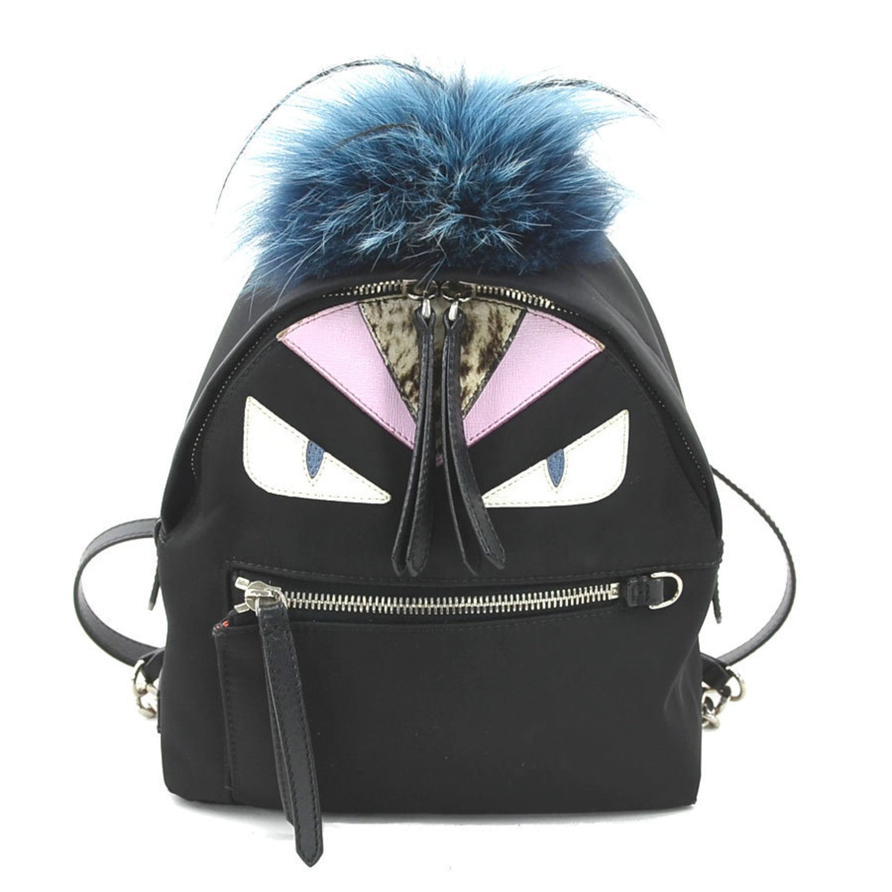 FENDI Backpack Monster Bugs Nylon Fur Black Blue Silver