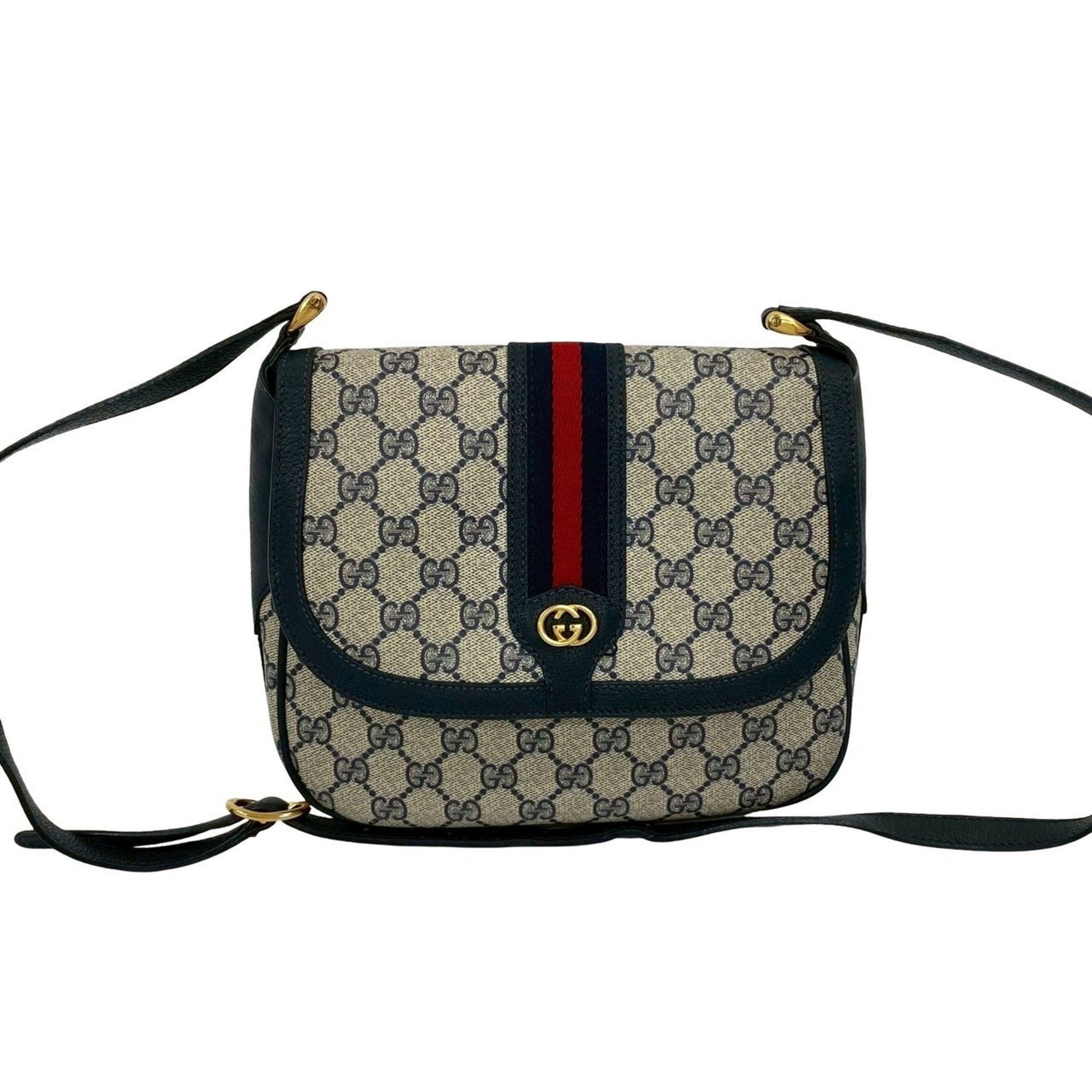 GUCCI Old Gucci Sherry Line GG Logo Hardware Leather Shoulder Bag Navy -8012