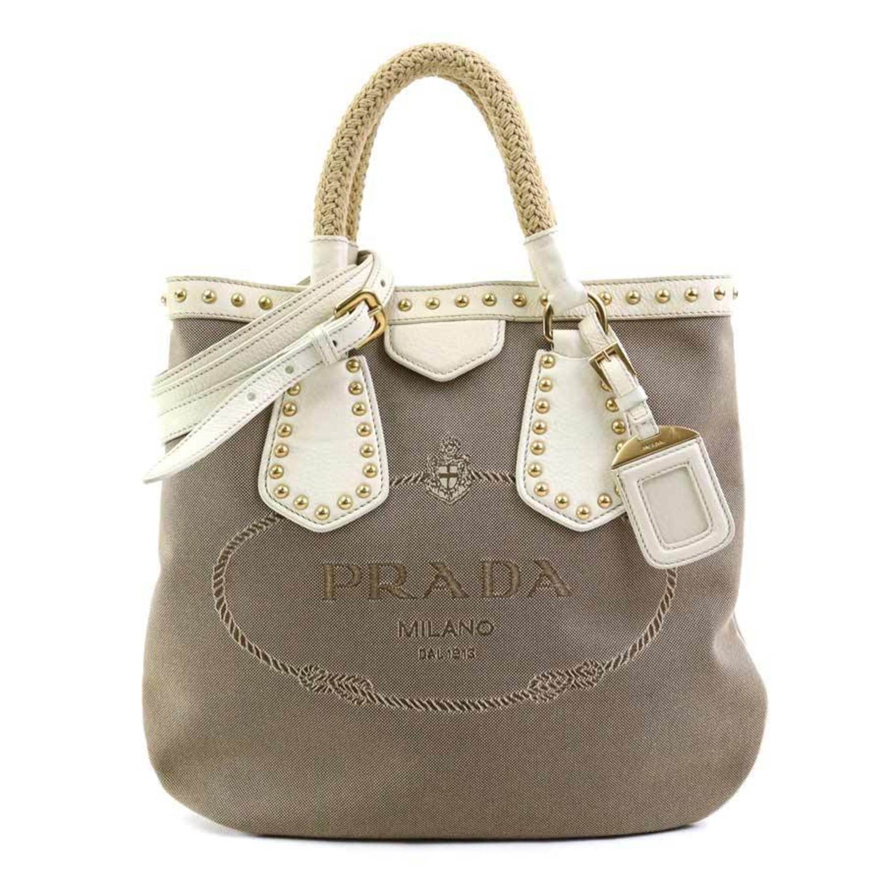 PRADA handbag shoulder bag canvas leather brown off-white gold ladies