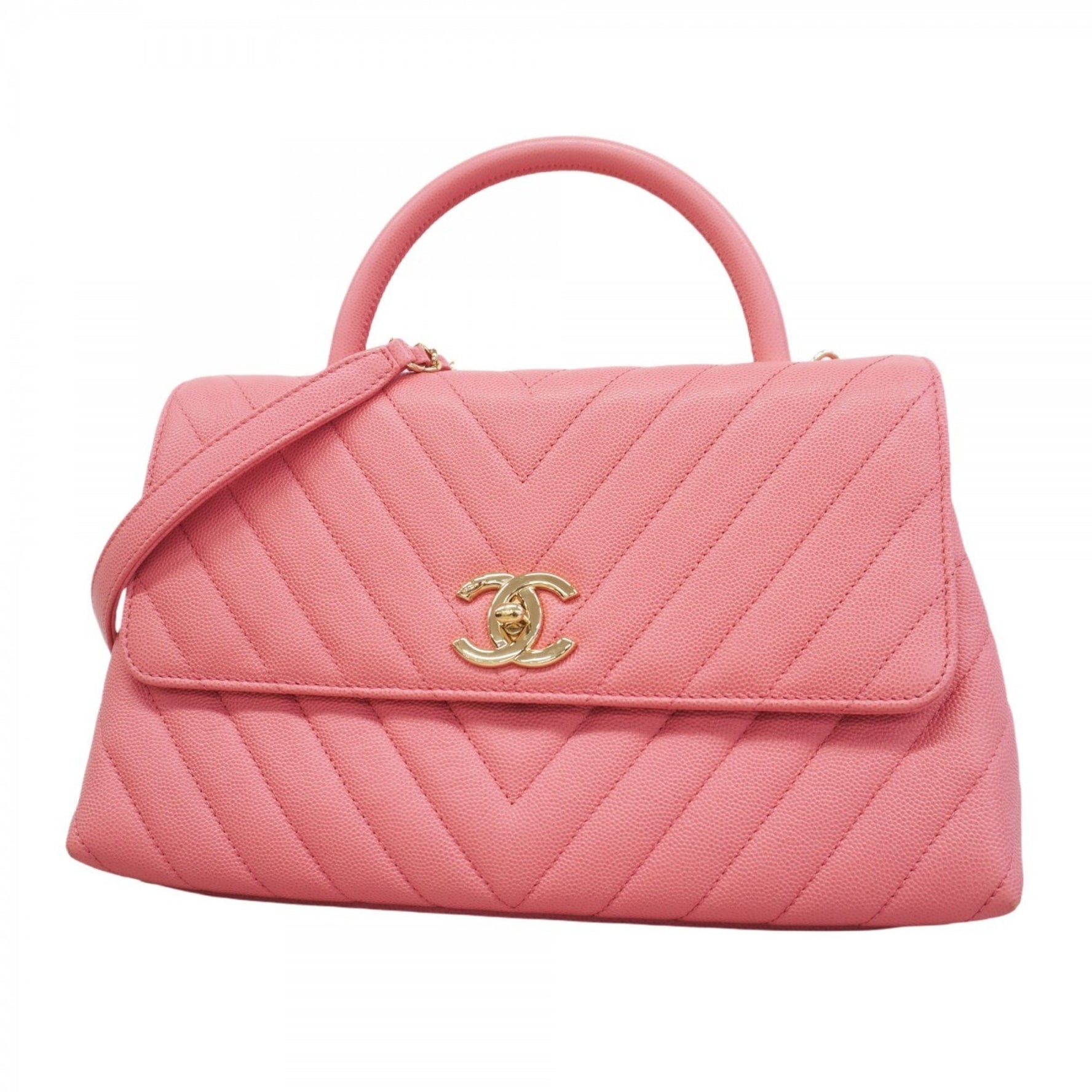 Chanel handbag, V-stitch, Coco handle, caviar skin, pink champagne, women's
