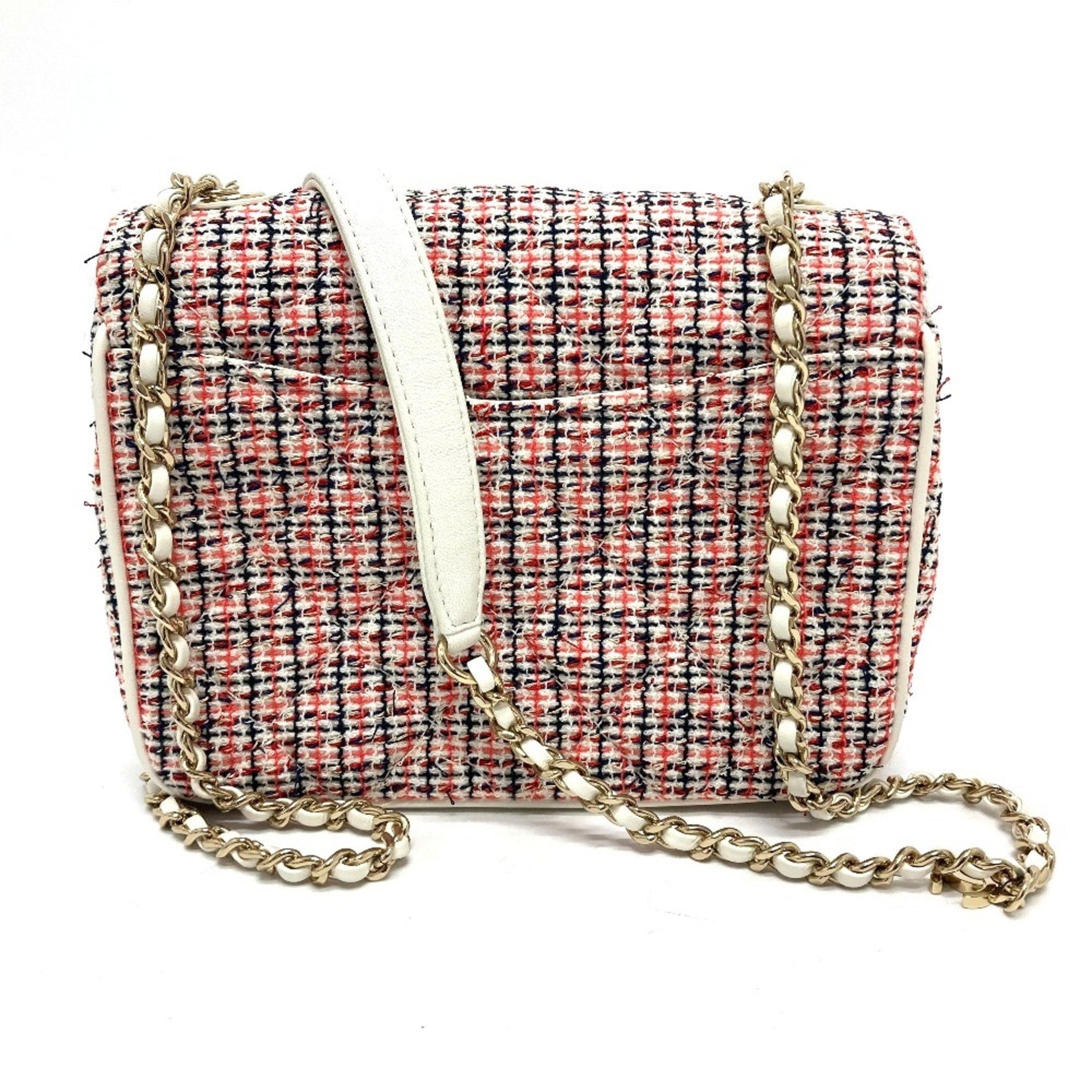 CHANEL CC Coco Mark Flap Pochette Bag Chain Shoulder Leather Tweed White x Red