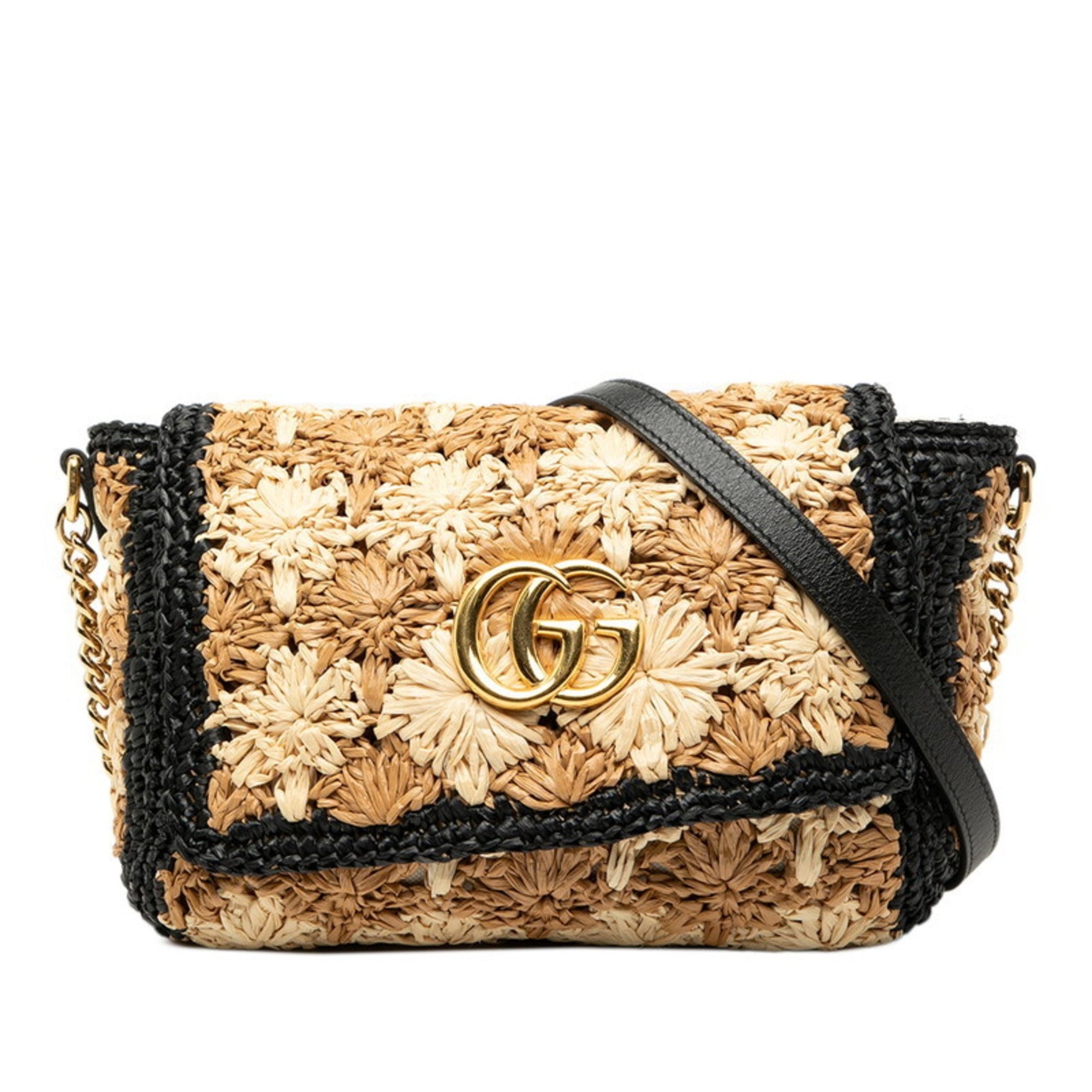 Gucci GG Marmont Chain Shoulder Bag in Beige and Black Raffia