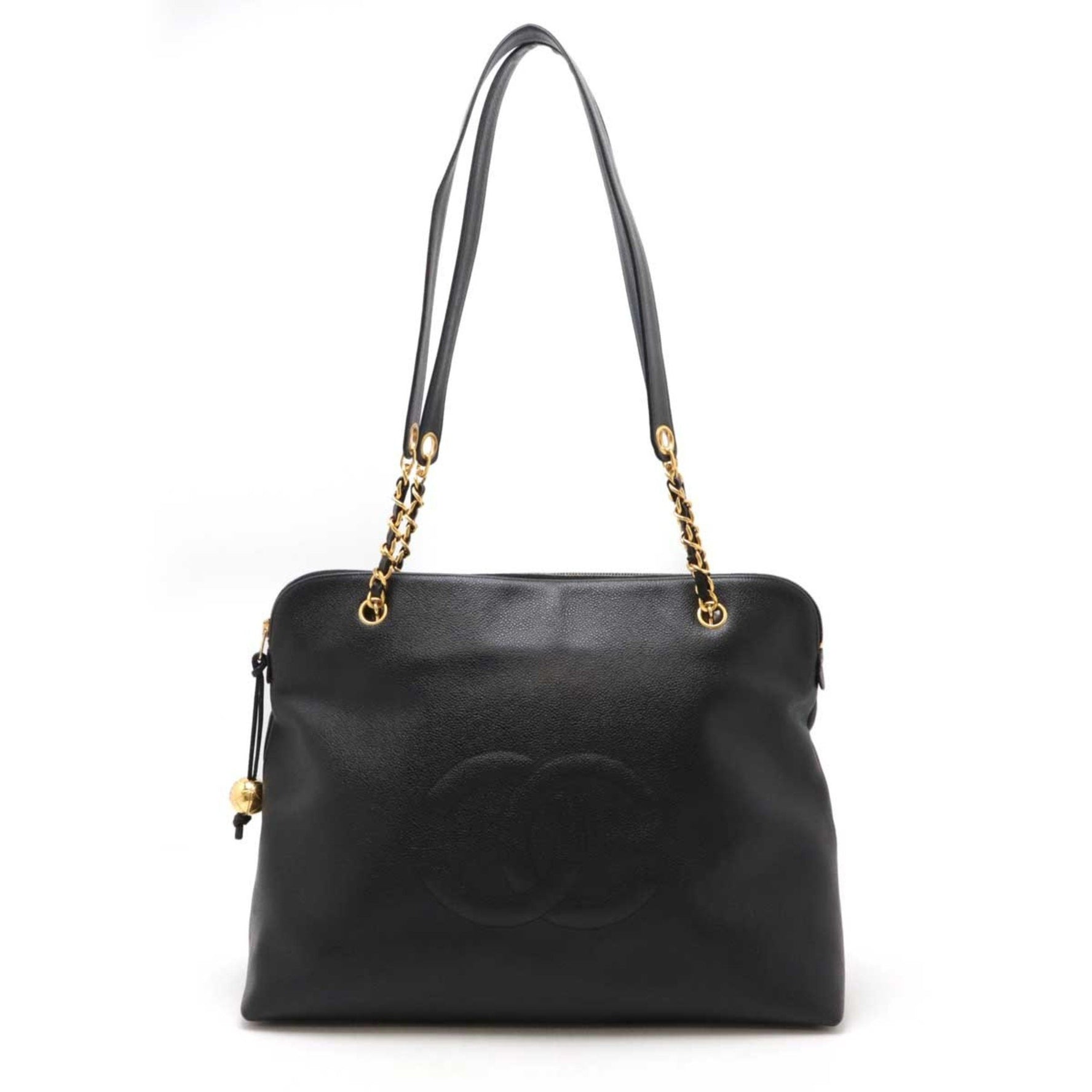 CHANEL Coco Mark Ball Chain Tote Bag Large Shoulder Caviar Skin Black