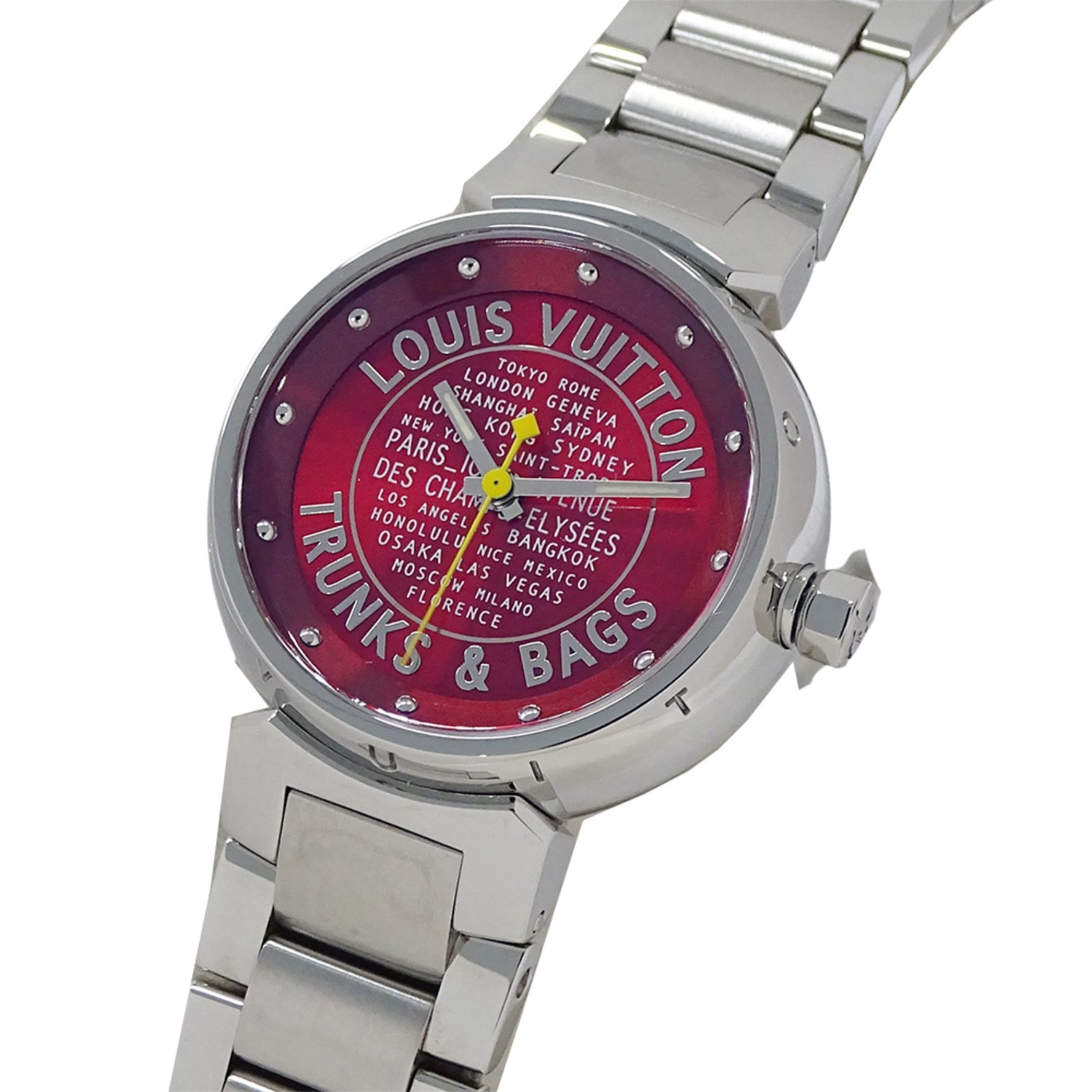 Louis Vuitton Tambour TRUNKS & BAGS Quartz Watch, QZ Stainless Steel, Silver and Red, Round, Polished